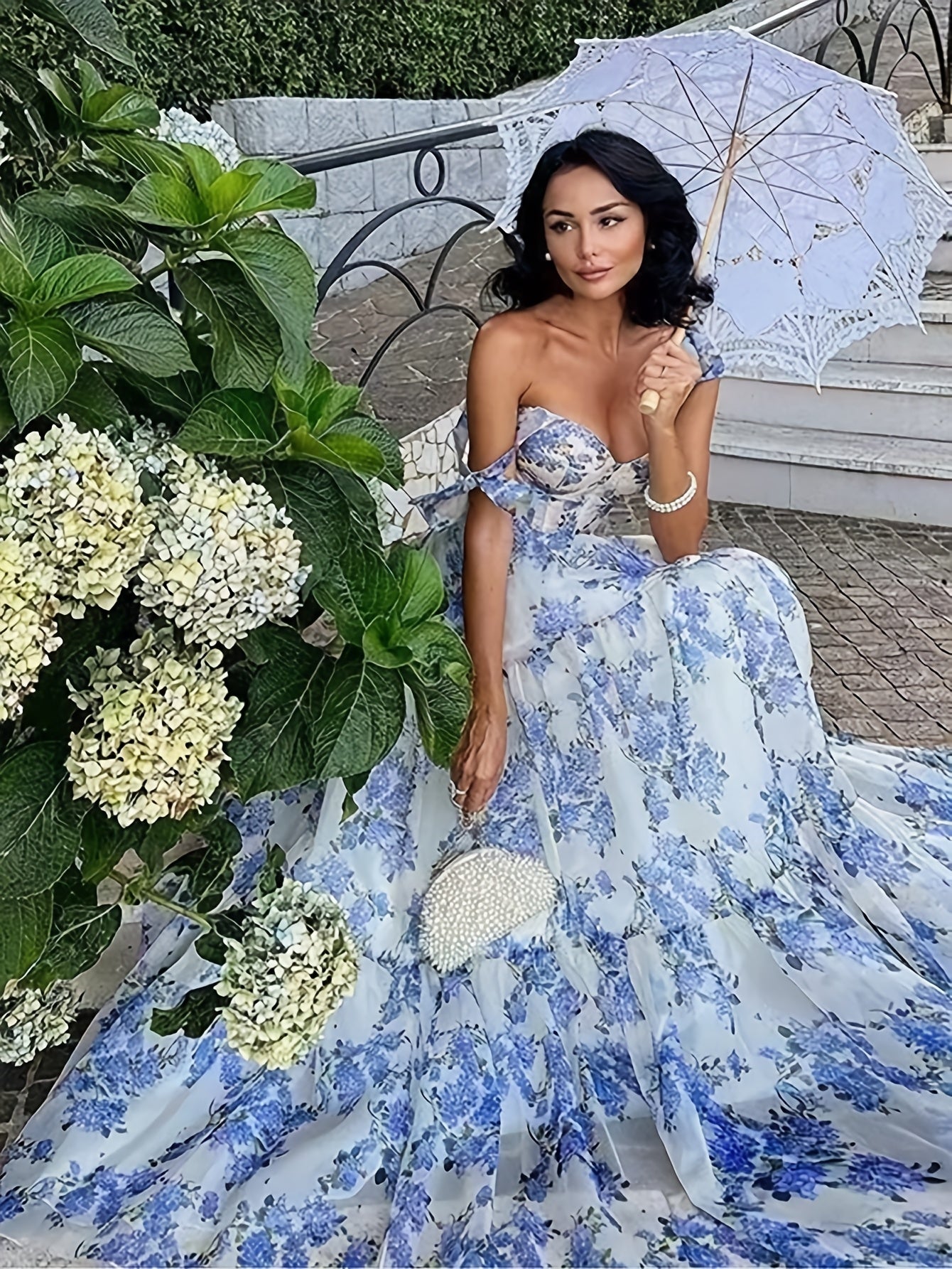 Elegant French Floral Off-Shoulder Long Dress - /MH