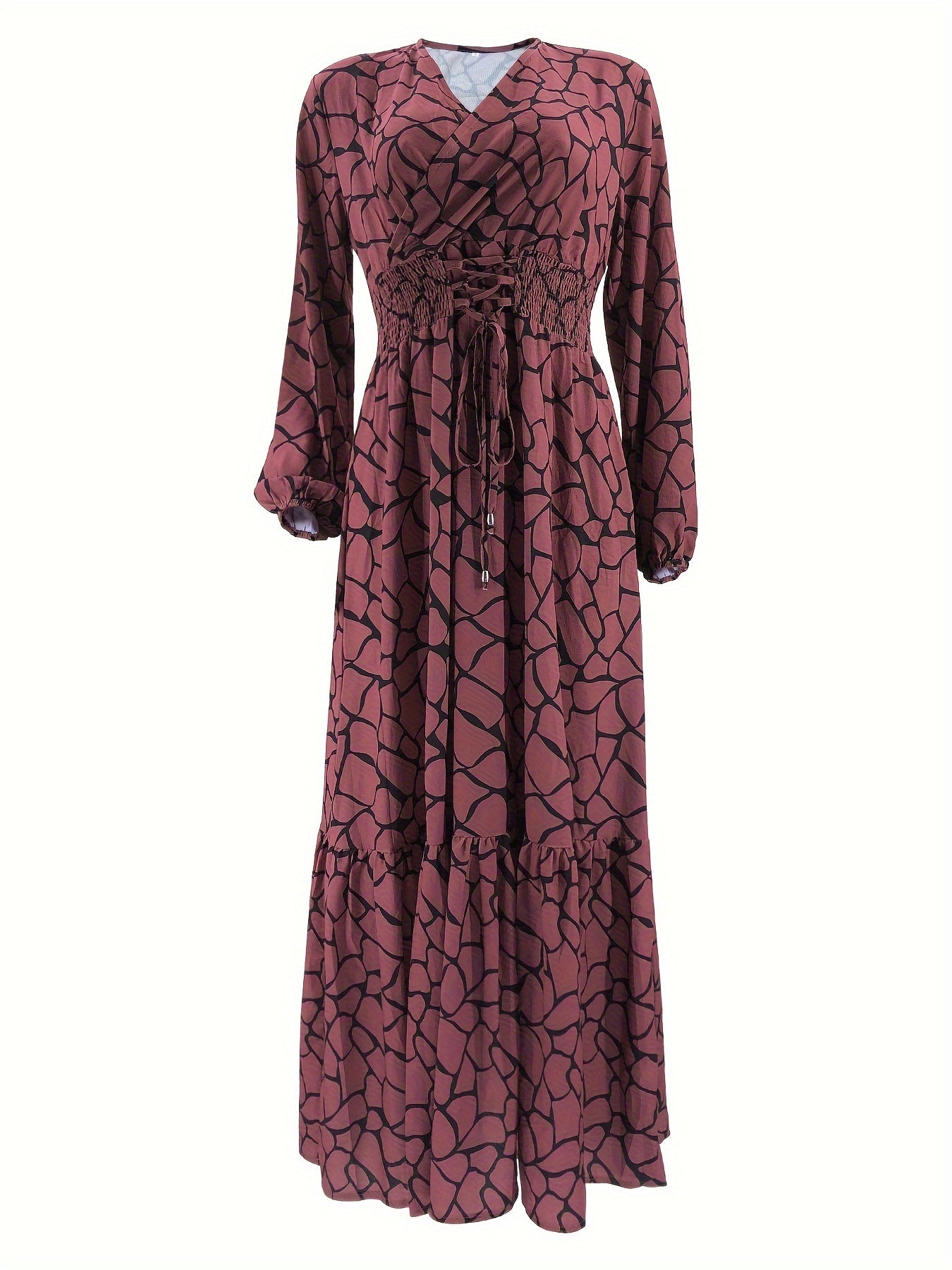 Allover Print Maxi Kaftan Dress, Casual Long Sleeve '/MH