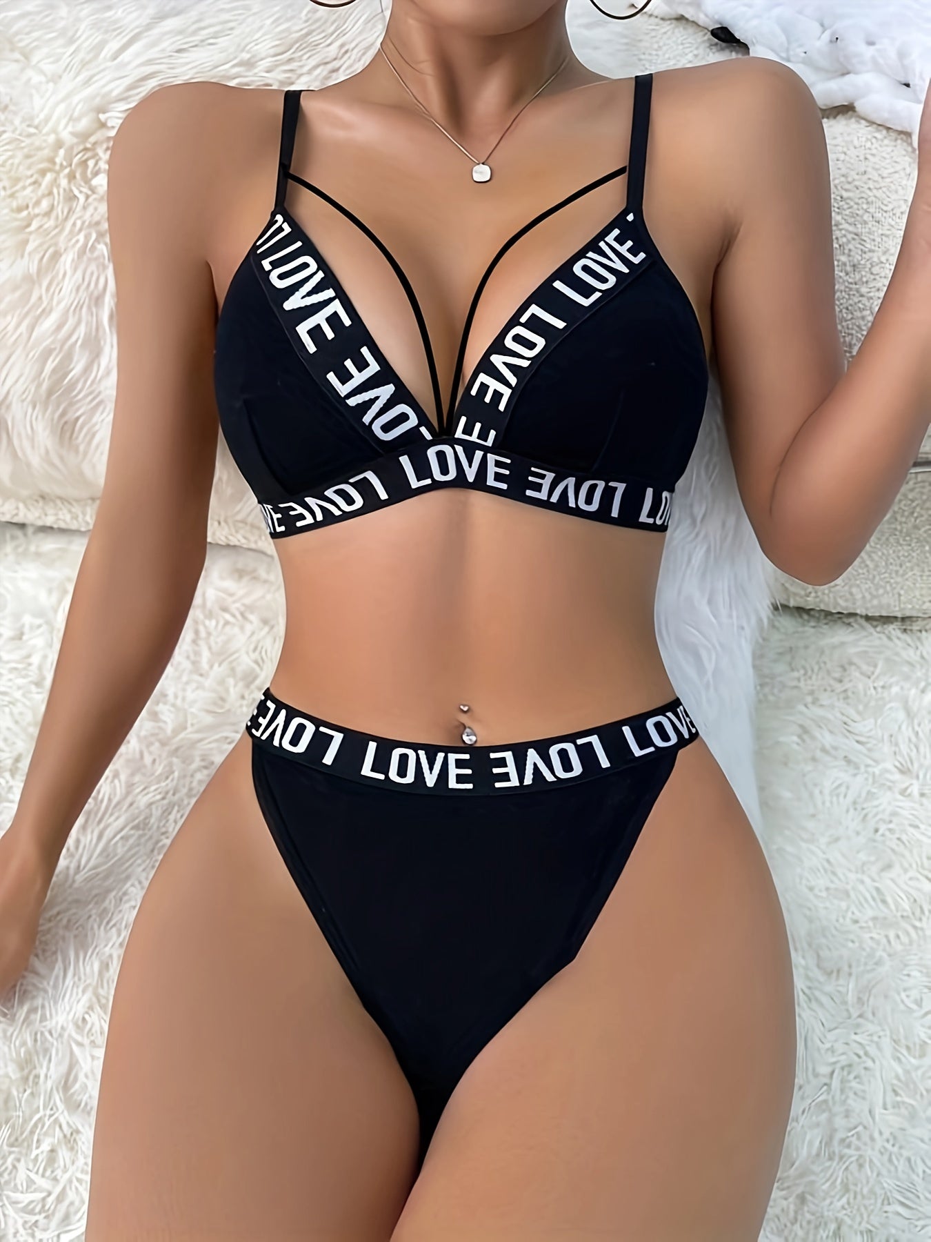 Letter Tape Cut Out Bra & Panty, Strappy Bra & Panties Lingerie Set,/MH