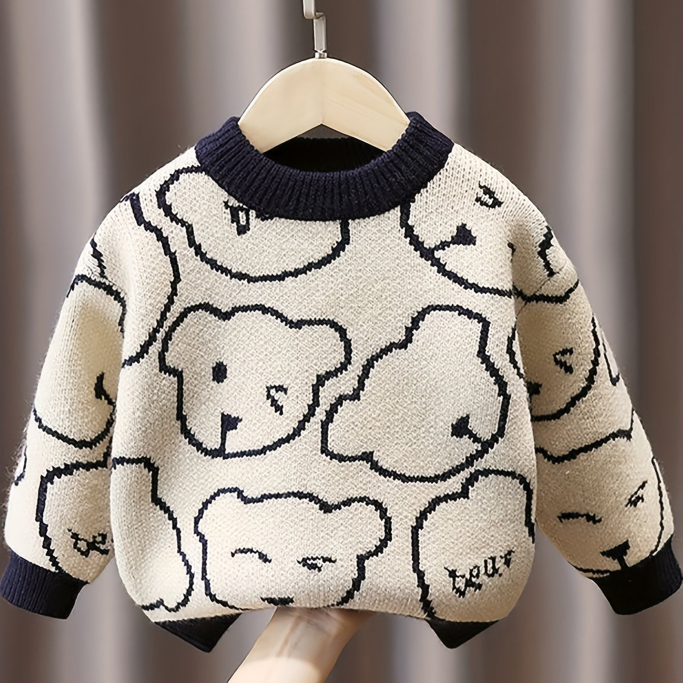 Bear Pattern Kid's Sweater, Color Clash Cable Knit Pullover,