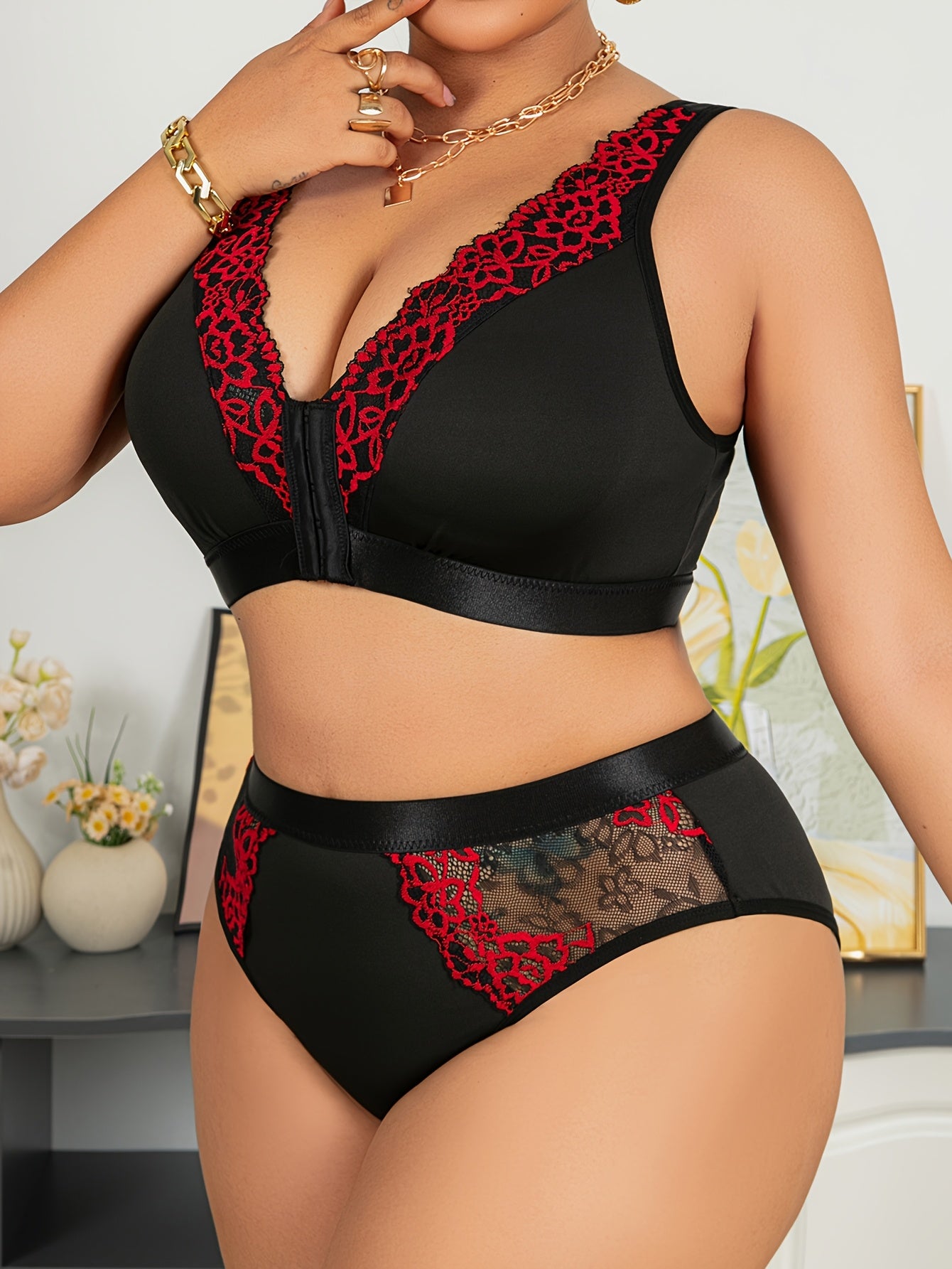 Plus Size Sexy Lingerie Set - Black & White Striped Pattern, /MH