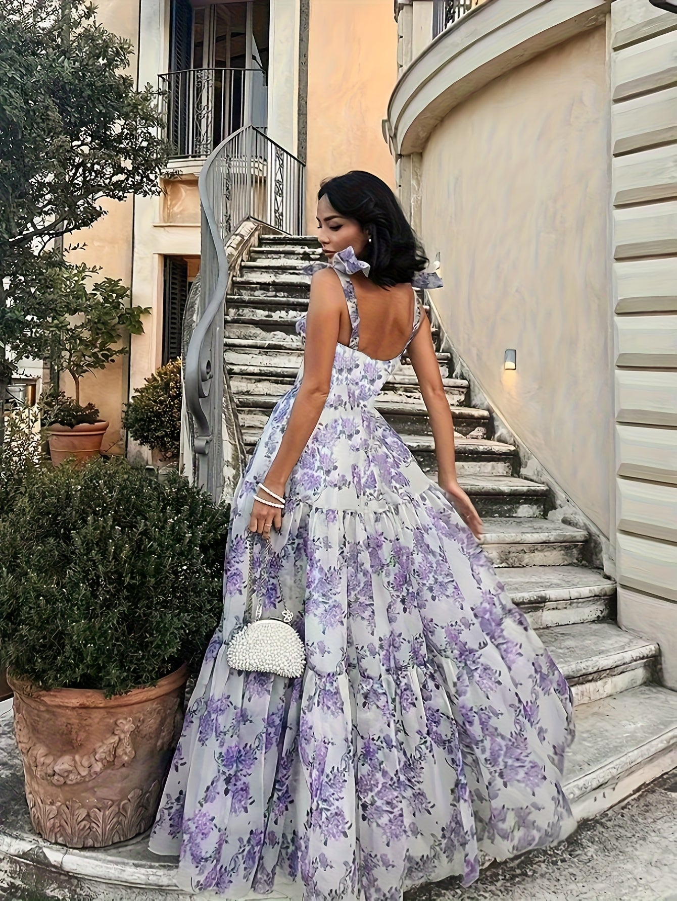 Elegant French Floral Off-Shoulder Long Dress - /MH