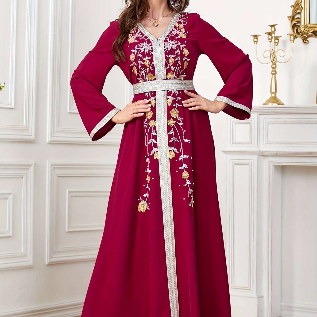 Ramadan Beaded Floral Pattern Kaftan, Elegant Long Sleeve 'MH
