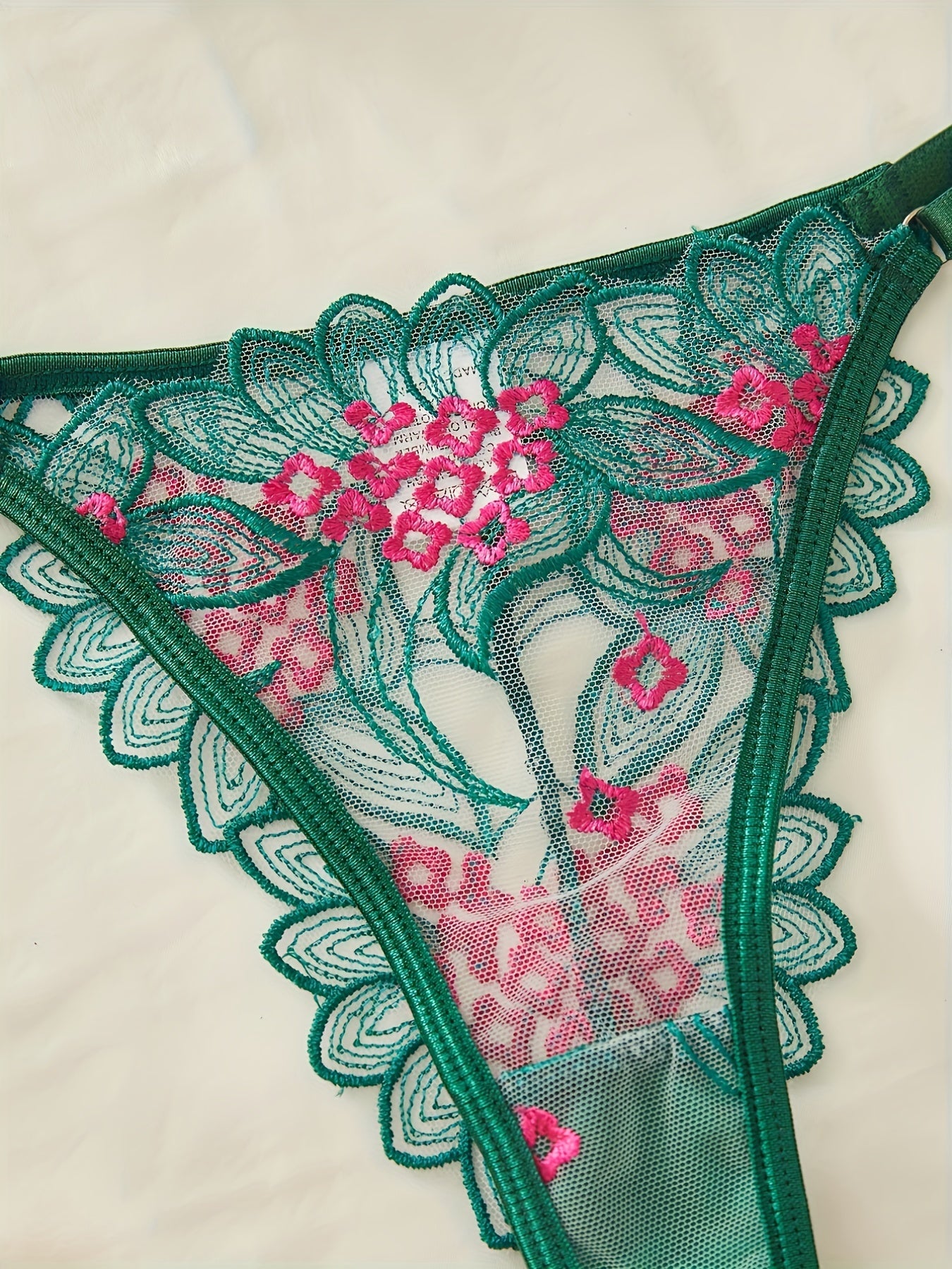 Elegant Lingerie Set, Floral Embroidery Mesh Cami Bra & Panties, /MH
