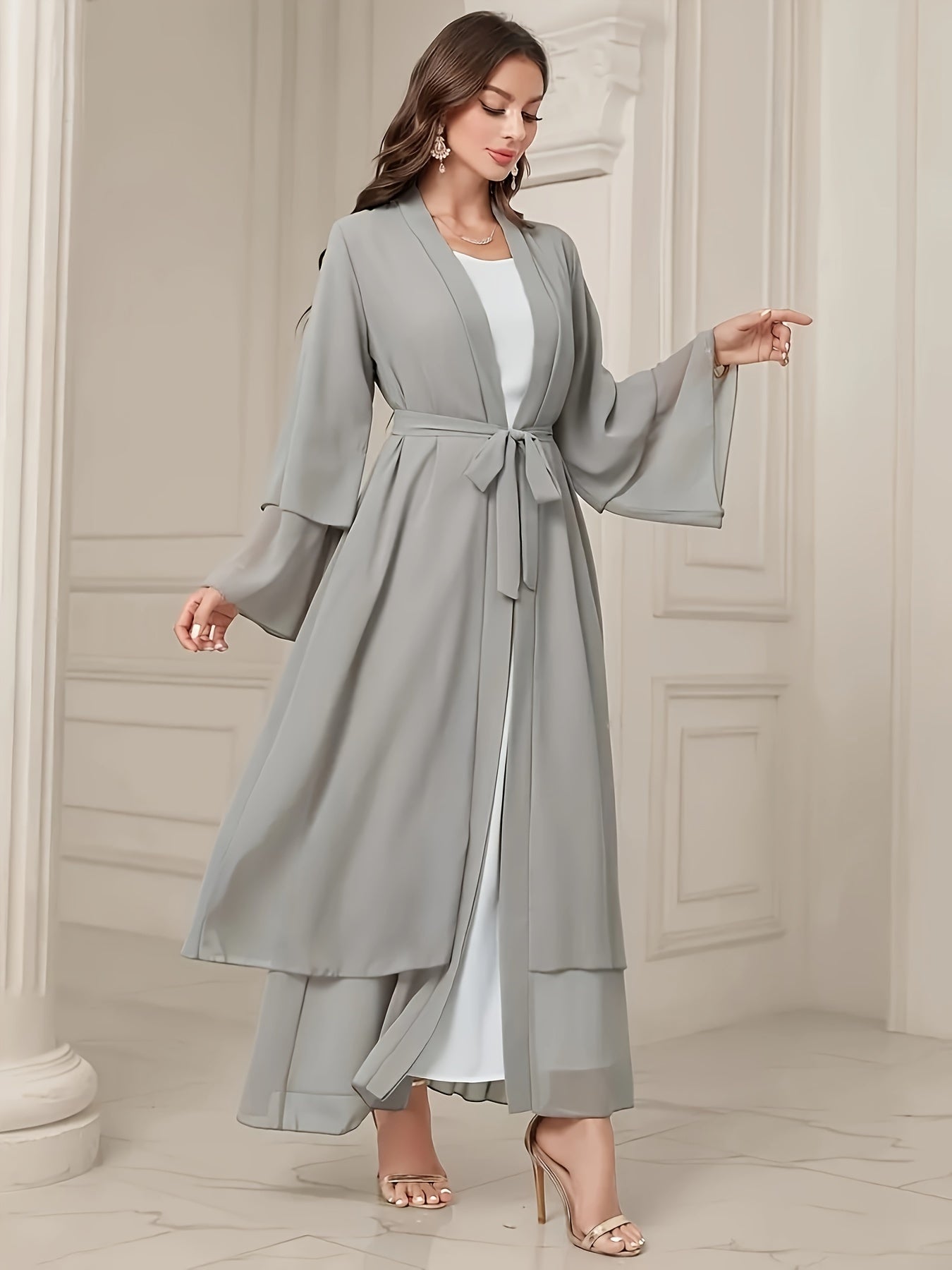 Solid Color Tie Waist Modest Dress, Elegant Layered Hem Maxi '/MH