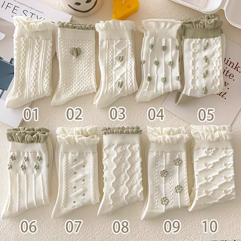 10 Pairs Floral & Heart Textured Ruffle Mid Tube Socks -e, Women's /MH
