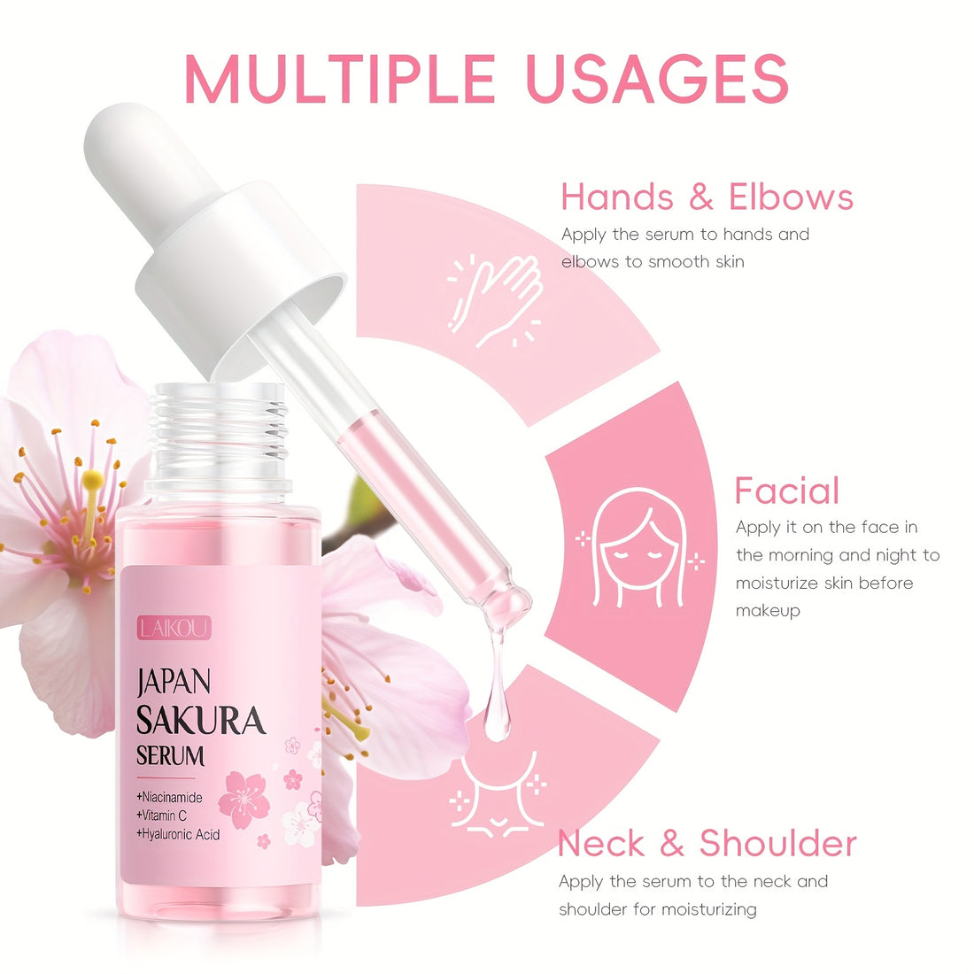Sakura Cleanser Skin Care Travel Gift Set 3pcs, Face Wash 50g, Serum 17ml, Moisturizer 30g, with Vitamin C, Niacinamide, Hyaluronic Acid