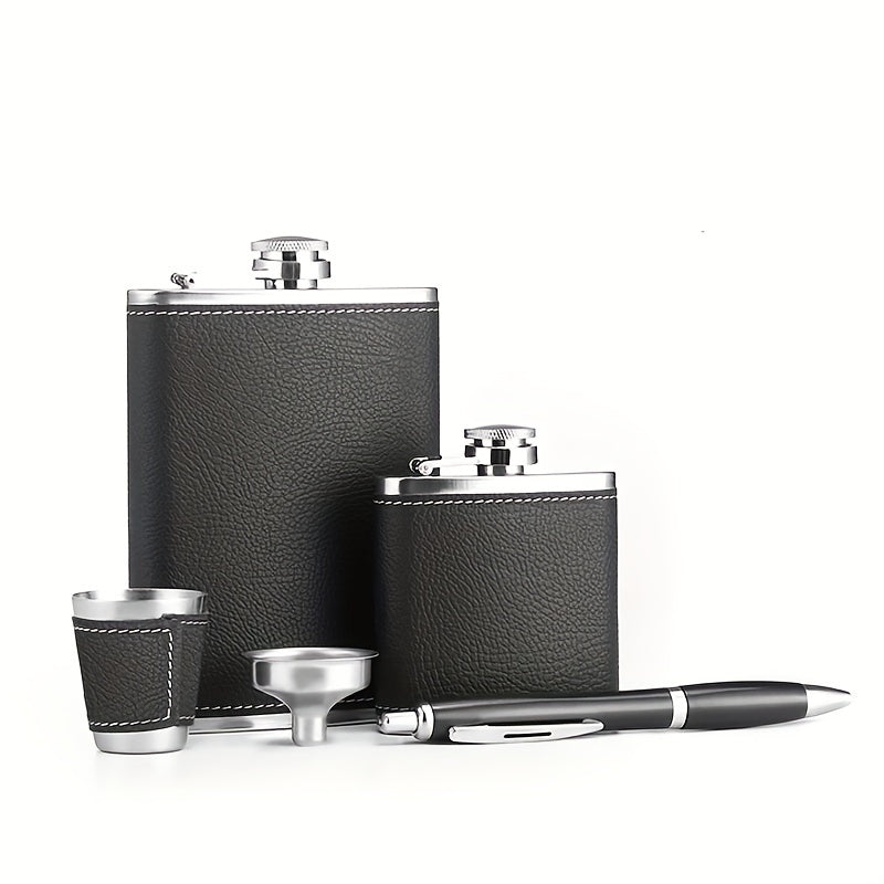 1 Set 8oz/1pc 30Z/1pc 80Z Black Leather Flask 8oz 18/8 stainless steel soft touch leather wrapped Flask Gift Set 2 cups and chimney 100% leak-proof whiskey and rum and vodka bottle body for both men and women