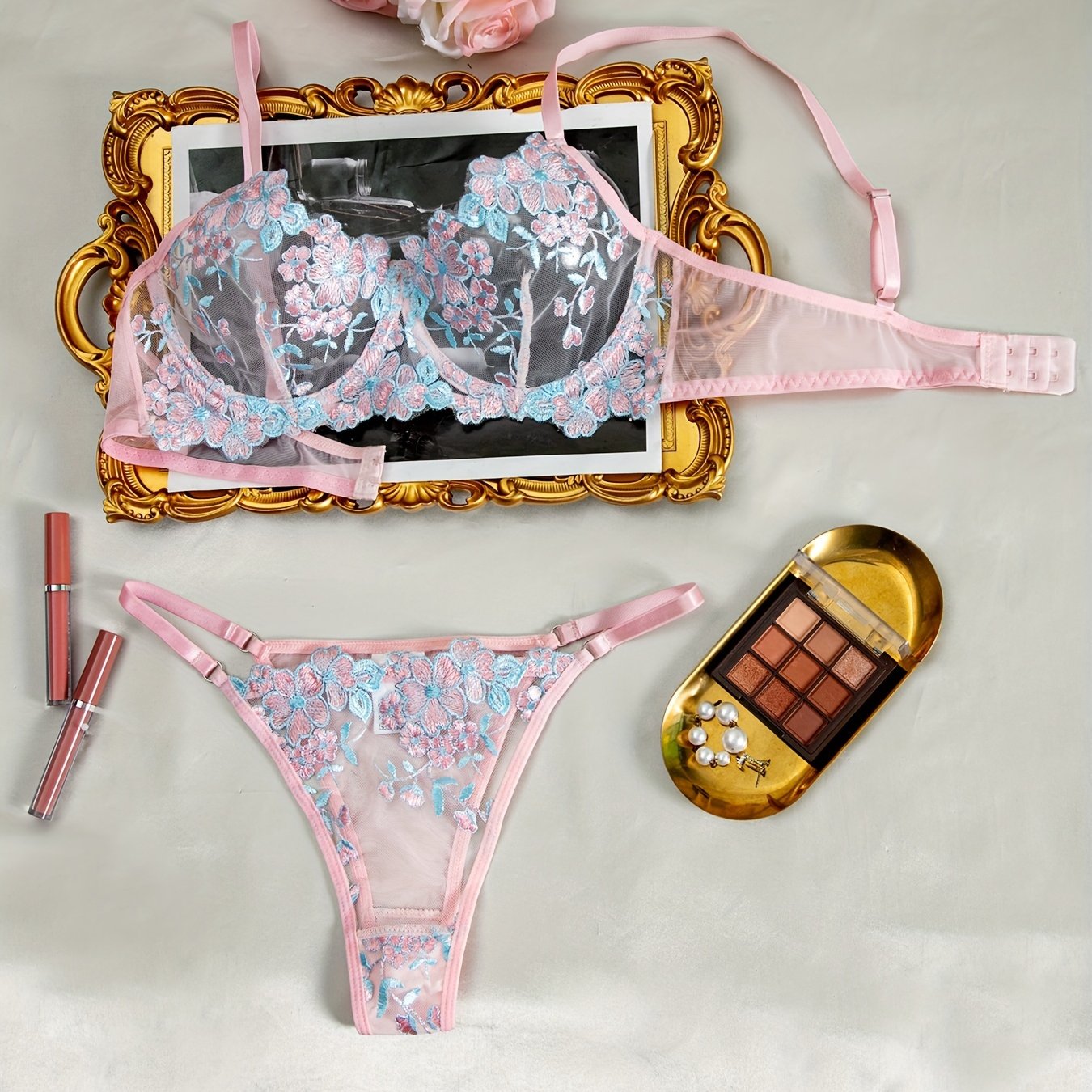 Sexy Lingerie Set, Floral Embroidery Mesh Cami Bra & Panties,/MH