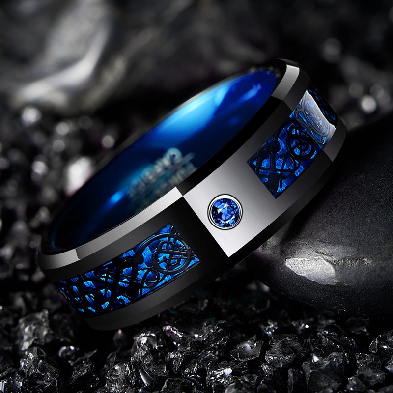 8Mm Wide Inlaid Black Dragon Pattern Blue Carbon Fiber Men'S.