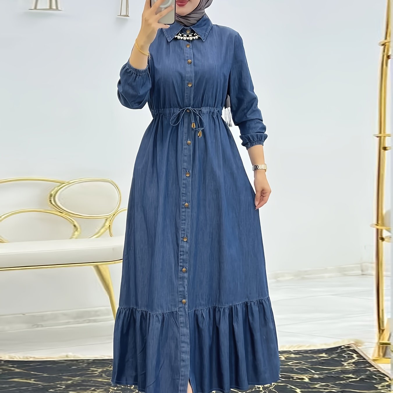 Solid Button Front Kaftan, Casual Long Sleeve Ruffle Hem Dress Without Hijab, /MH