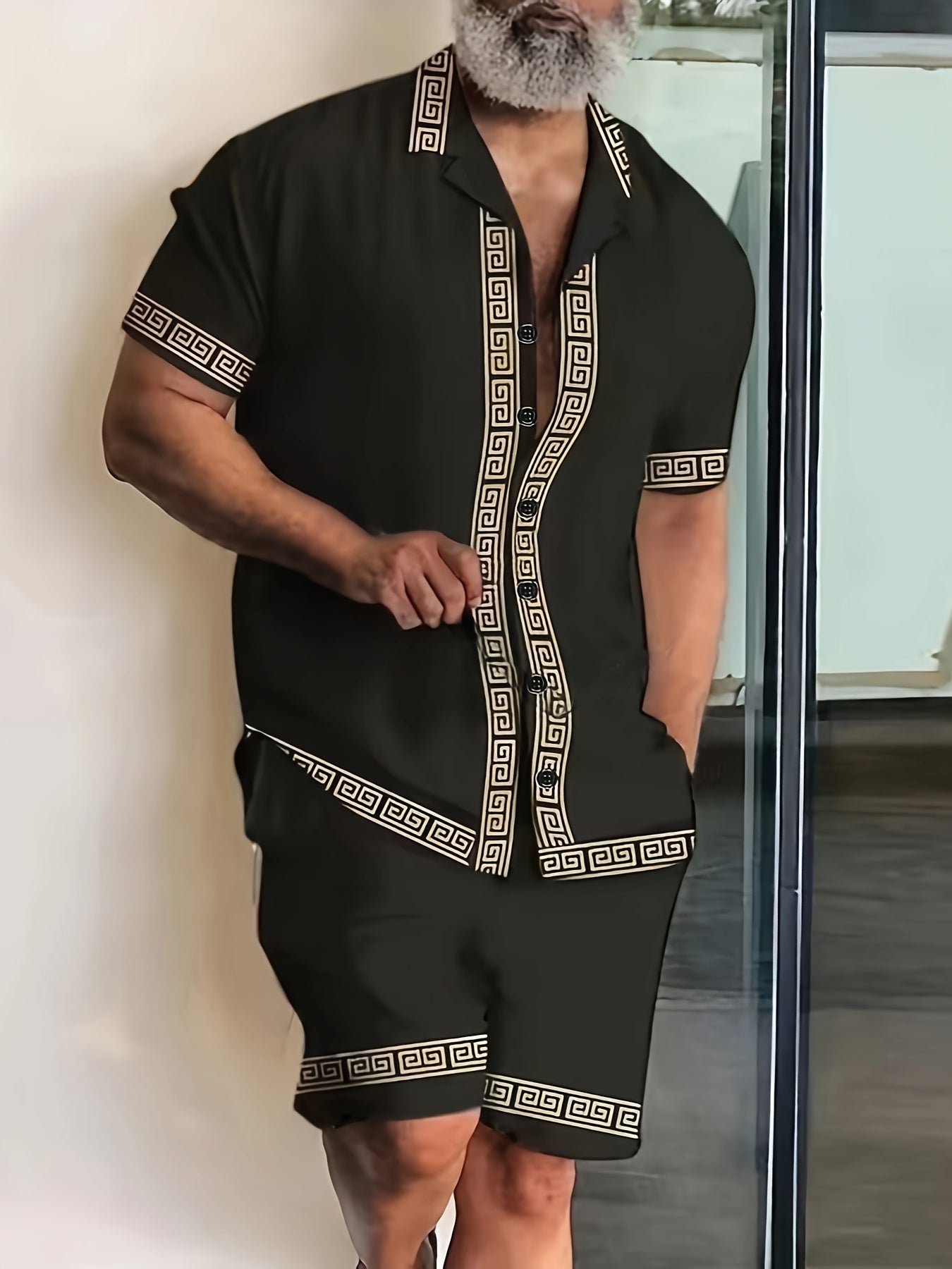 Elegant Men's 2Pcs Outfits, Casual Lapel Button Up Short Sleeve.