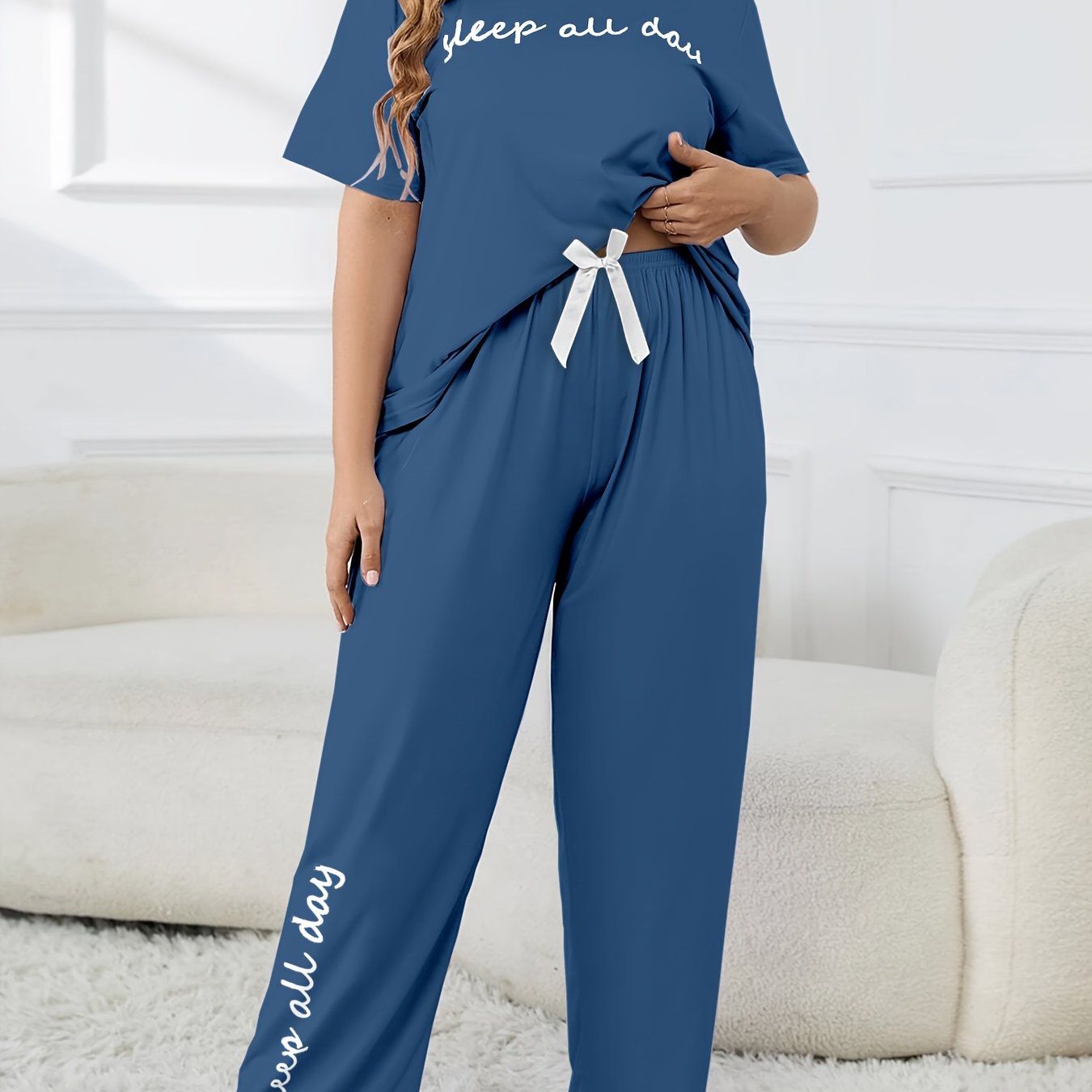 Plus Size Women's Cute Pajama Set, Plus Size Letter Print Short Sleeve Top and Pants Casual 2pcs, Plus Size Pajama Sets