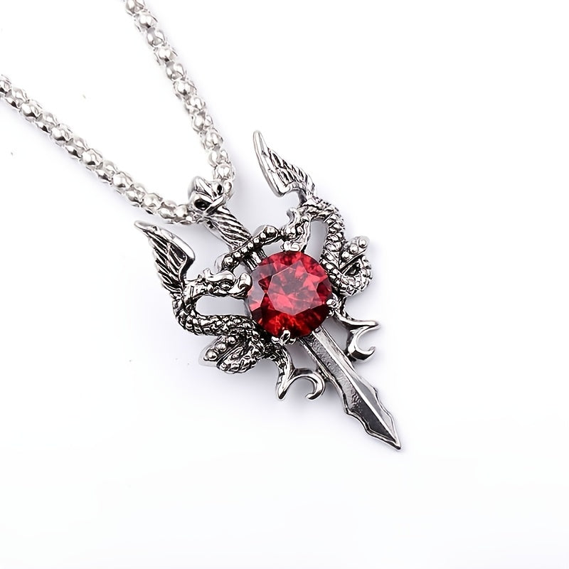 Gothic Knight Double Dragon Cross Sword Pendant Necklace .