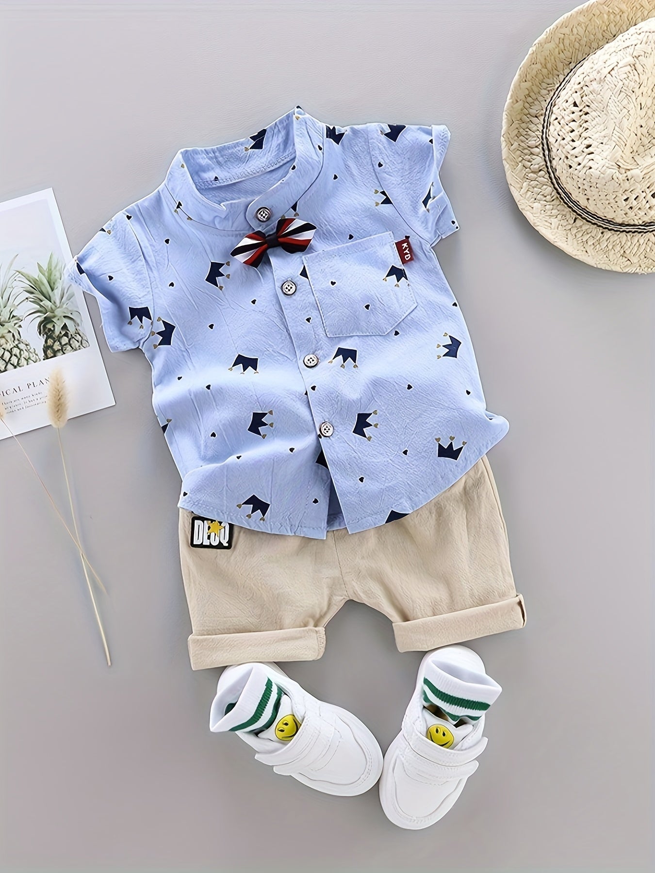 2pcs Boys Casual Gentleman Crown Graphic Print Short Sleeve.