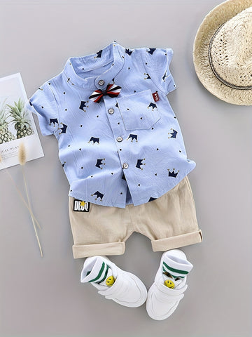 2pcs Boys Casual Gentleman Crown Graphic Print Short Sleeve.