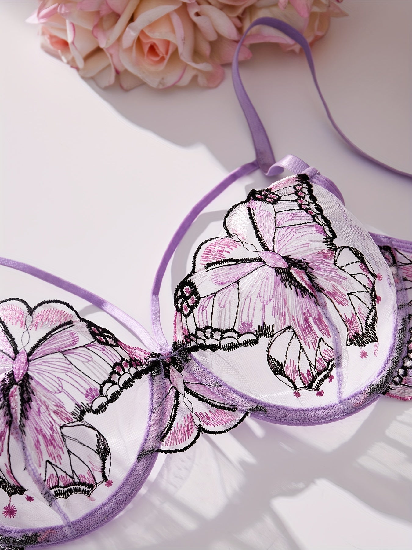 Butterfly Embroidery Mesh Lingerie Set, Strappy Plunge Bra & Thong, /MH