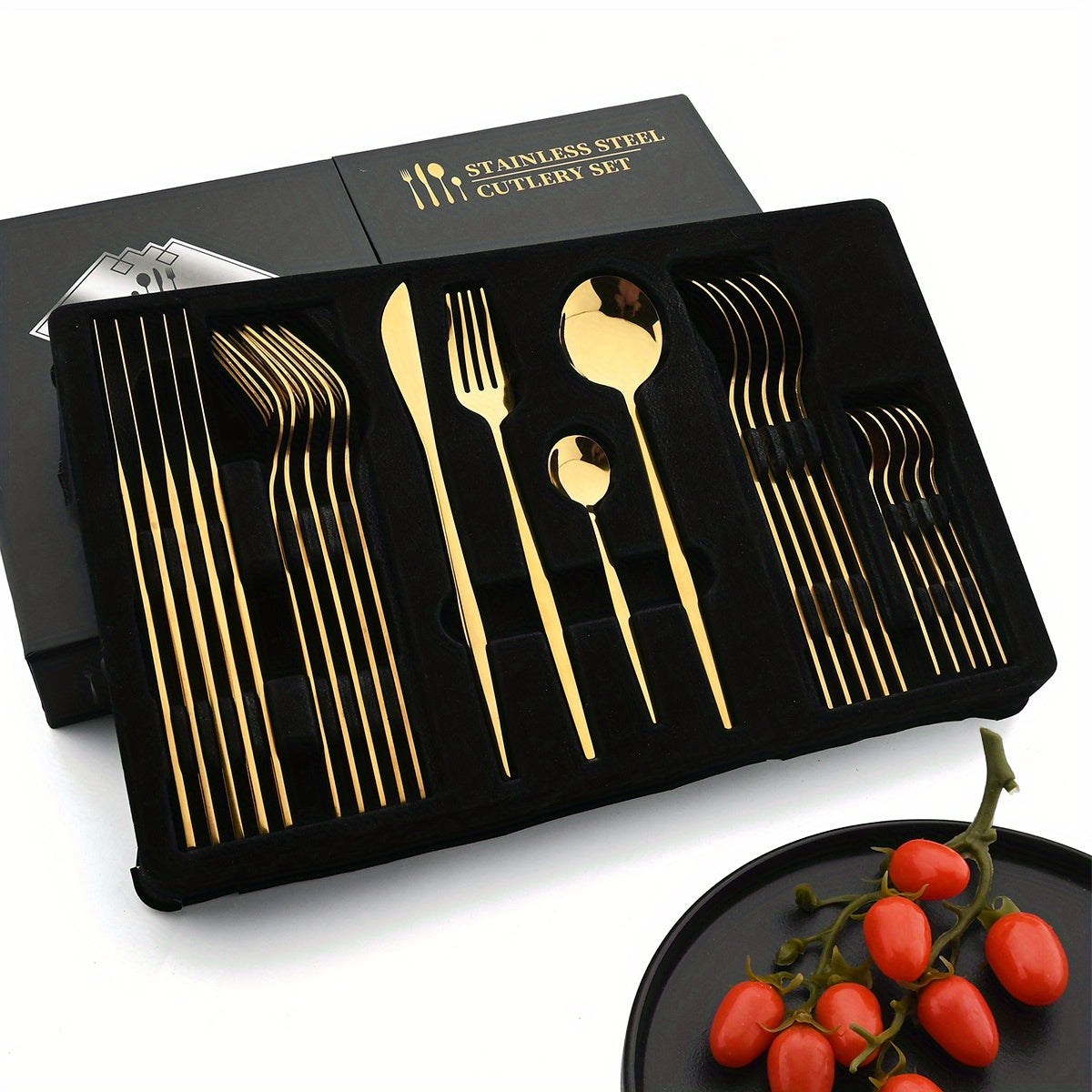 24-Piece Luxury Black Handle Golden Cutlery Set - High-Quality Stainless Steel Knife, Fork, and Spoon Tableware Flatware Set for Festival, Kitchen, and Dinnerware - Ideal Gift for Friends and Family