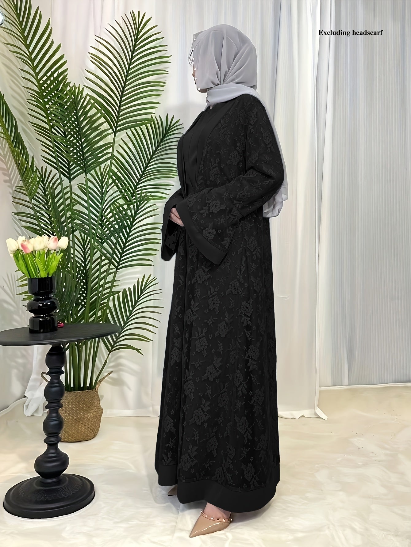 Cultural Grace, Elegant Light Blue Floral Abaya Set - /MH