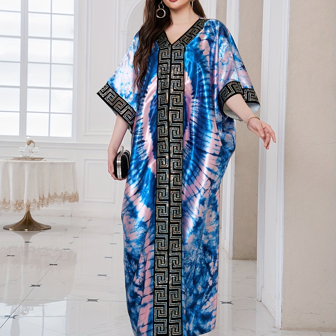 Abstract Print Greek Pattern Kaftan Dress, Elegant Half Sleeve'/MH