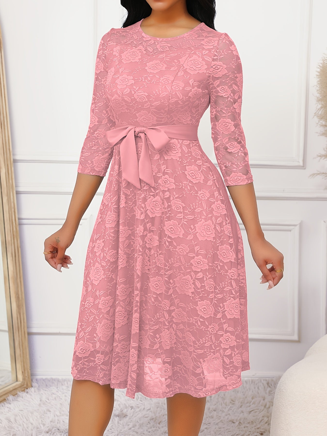 Floral Lace Ruffle Hem Belted Dress, Elegant Crew Neck 3/4 Sleeve Aline Dress ./MH