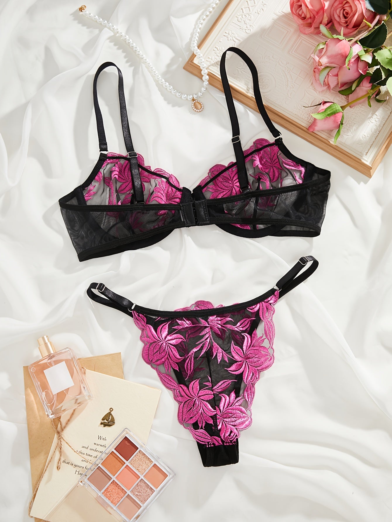 Sexy Lingerie Set, Color Block Floral Embroidery Mesh Cami Bra '/MH
