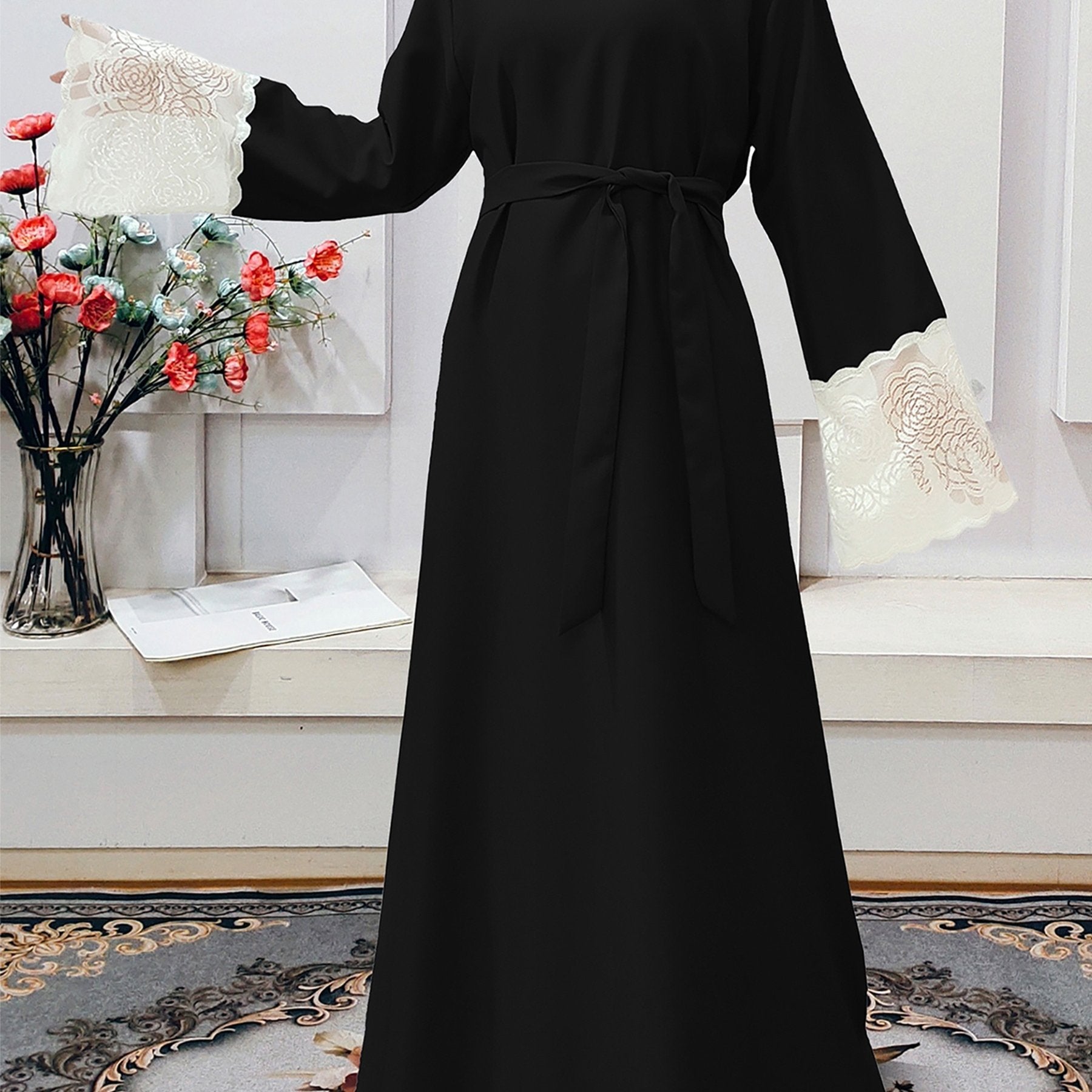 Contrast Lace Crew Neck Kaftan Abaya, /MH