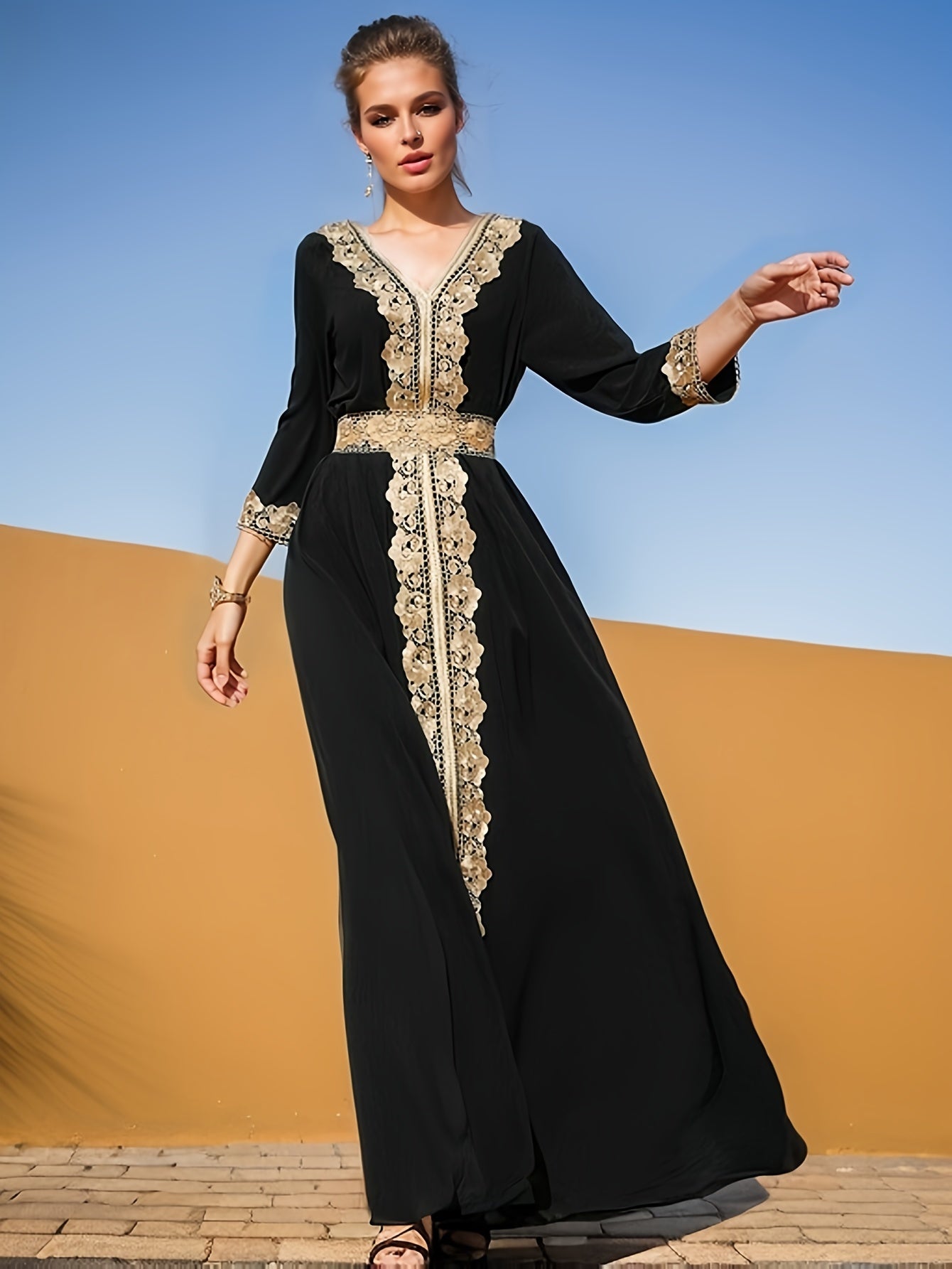 Ramadan Lace Trim V Neck Kaftan, Elegant Long Sleeve 'MH