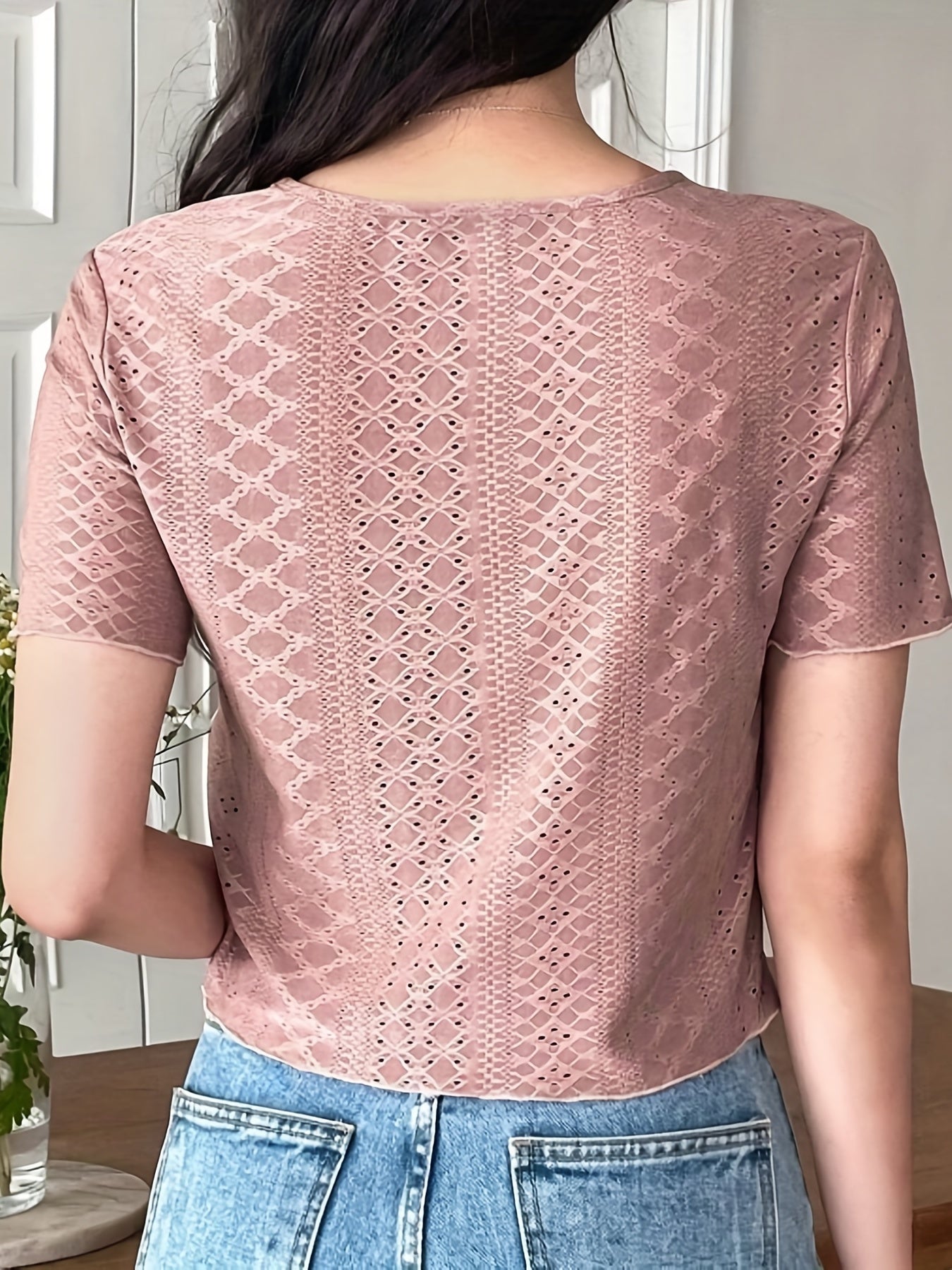 Eyelet Embroidery T-Shirt, Short Sleeve Crew Neck Summer Casual Top, Women's Clothing