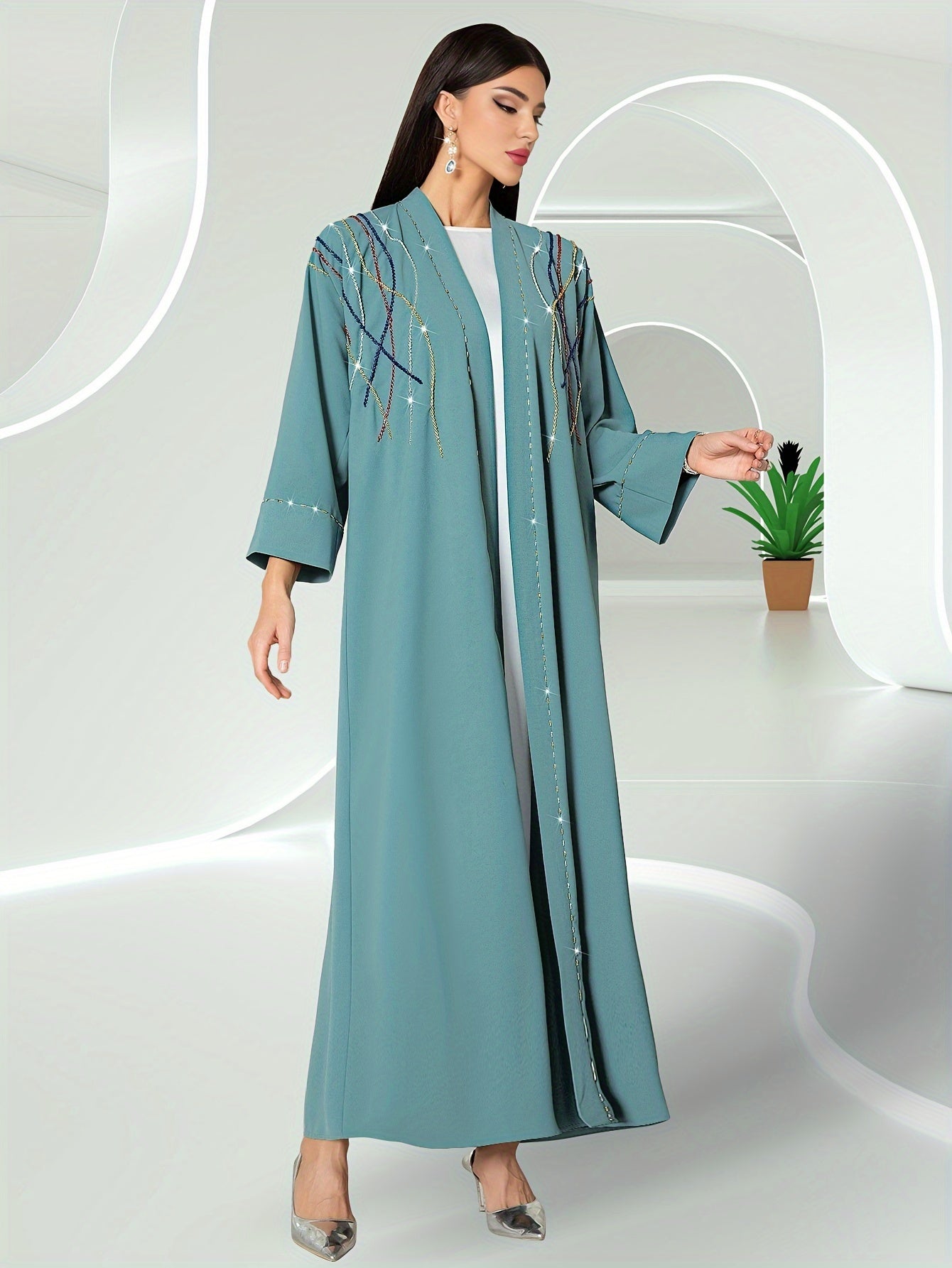 Rhinestone Open Front Kaftan, Elegant 3/4 Sleeve Outerwear'/MH
