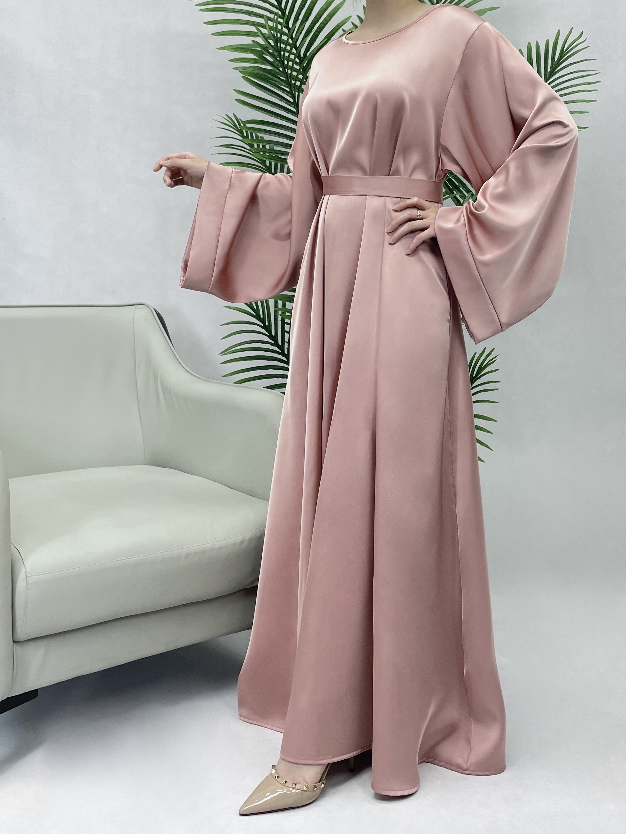 Solid Maxi Kaftan Abaya, Modest Crew Neck Long Sleeve ./MH