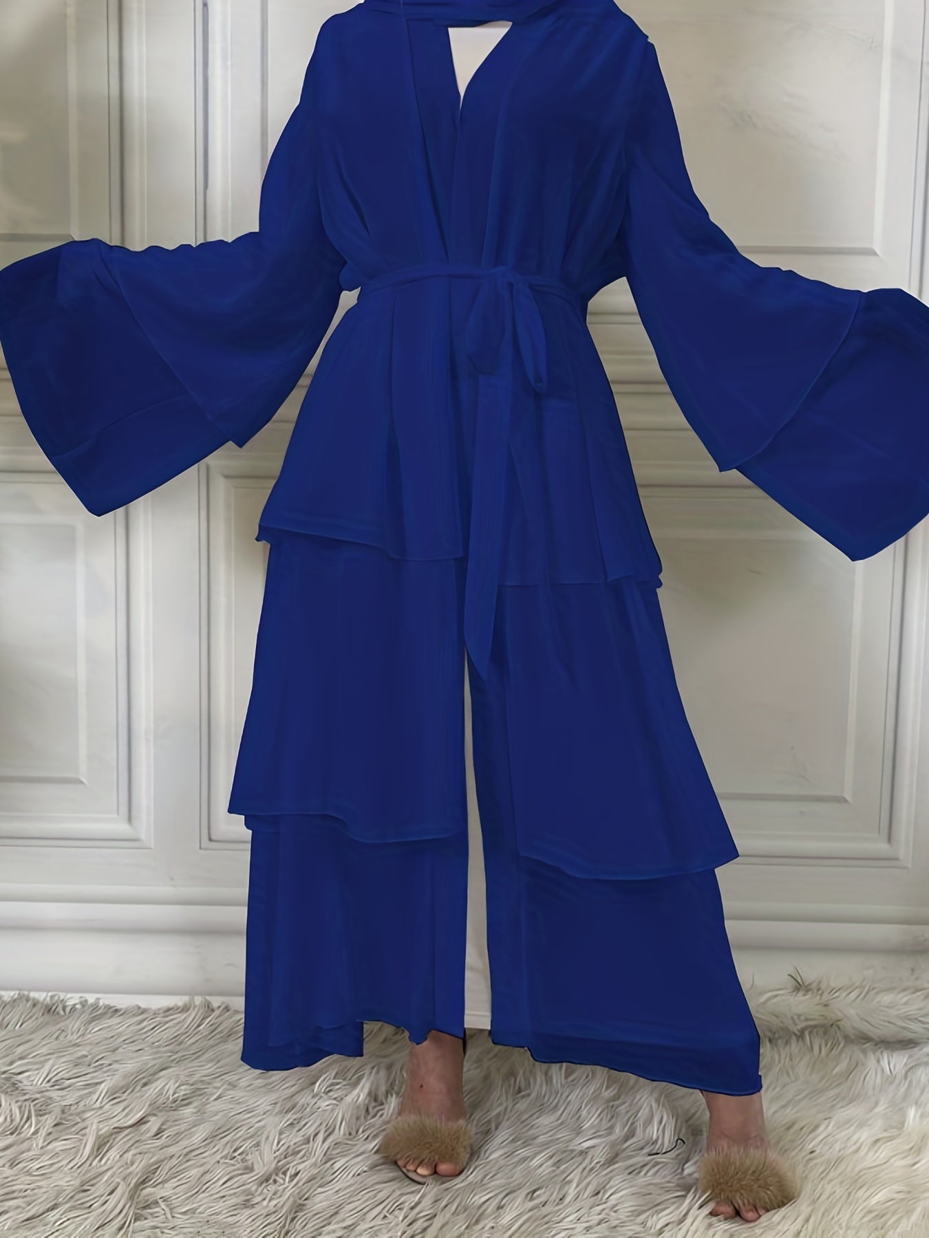 Layered Open Front Modest Dress, Long Sleeve Muslim Dress'/MH