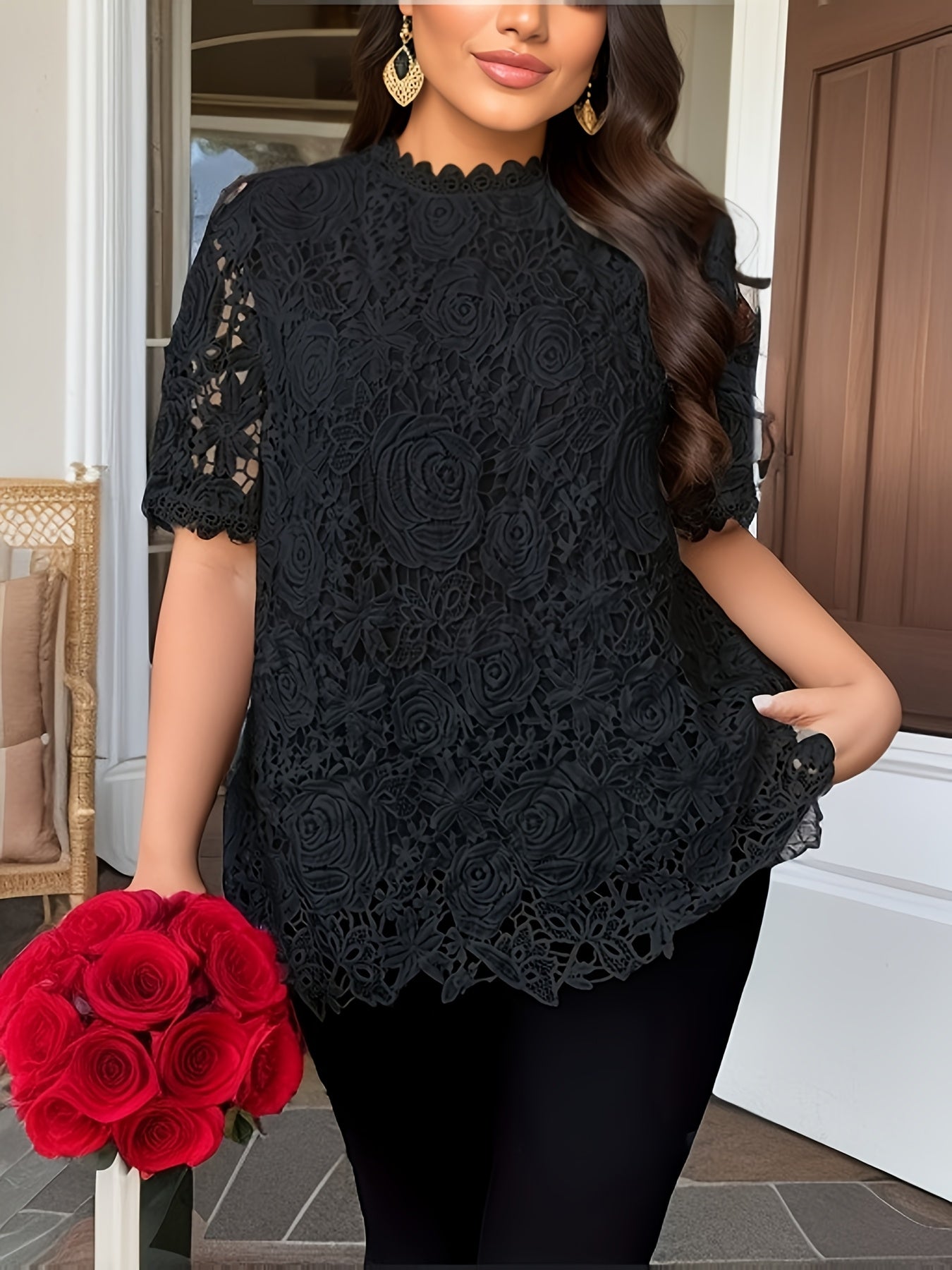 [Elegant Blouse] Elegant Green Lace Plus Size Blouse for Women |