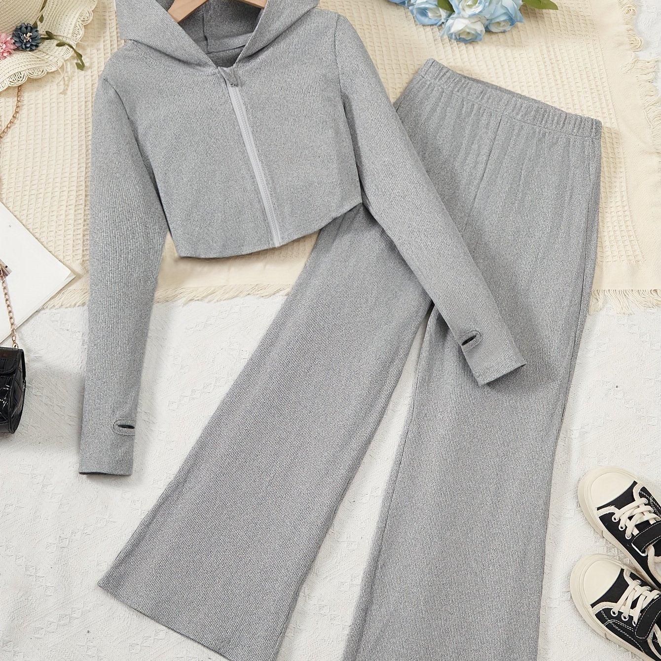 Elegant Girls Slim Outfits 2pc, Zip Hoodies + Loose Fit Flare Pants Kids Clothes.