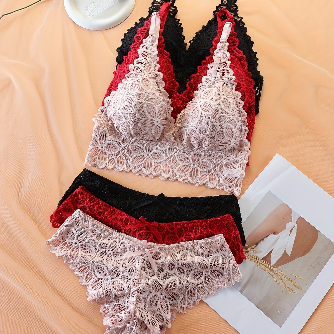 3 Sets Floral Lace Bra & Panties, Wireless Push Up Bra ./MH