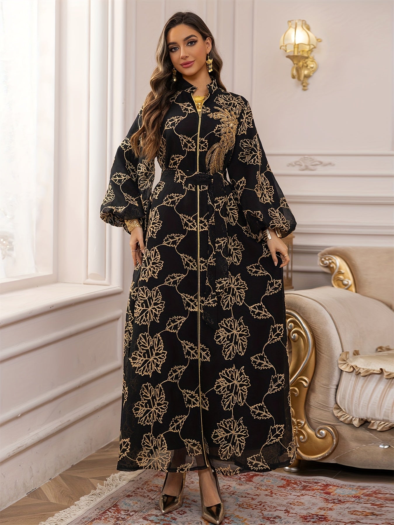 Dubai Floral Embroidery Belted Dress Belt included Lantern Sleeve/MH