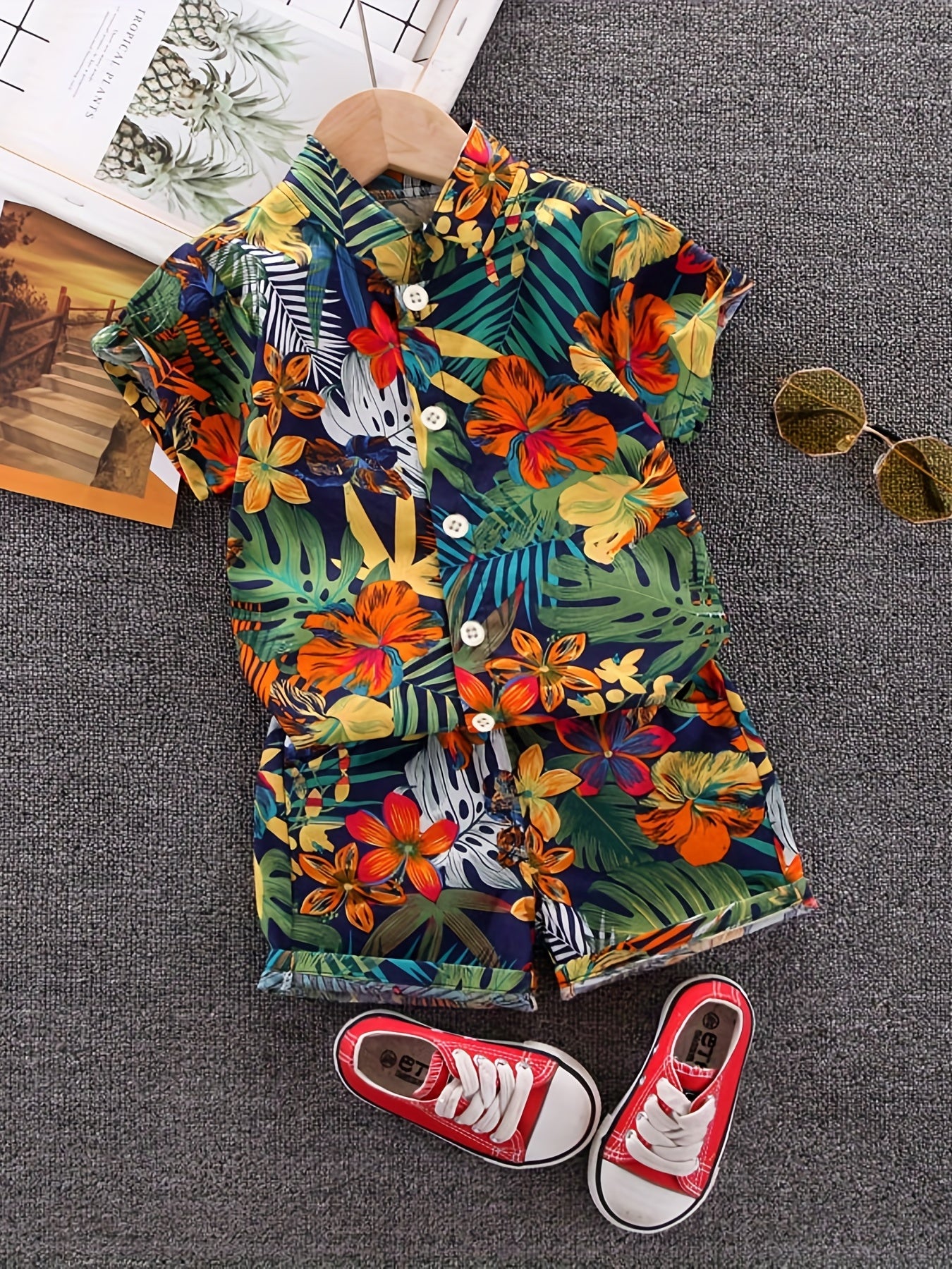 Boys Leaf And Flower Print Casual Outfit Short Sleeves .