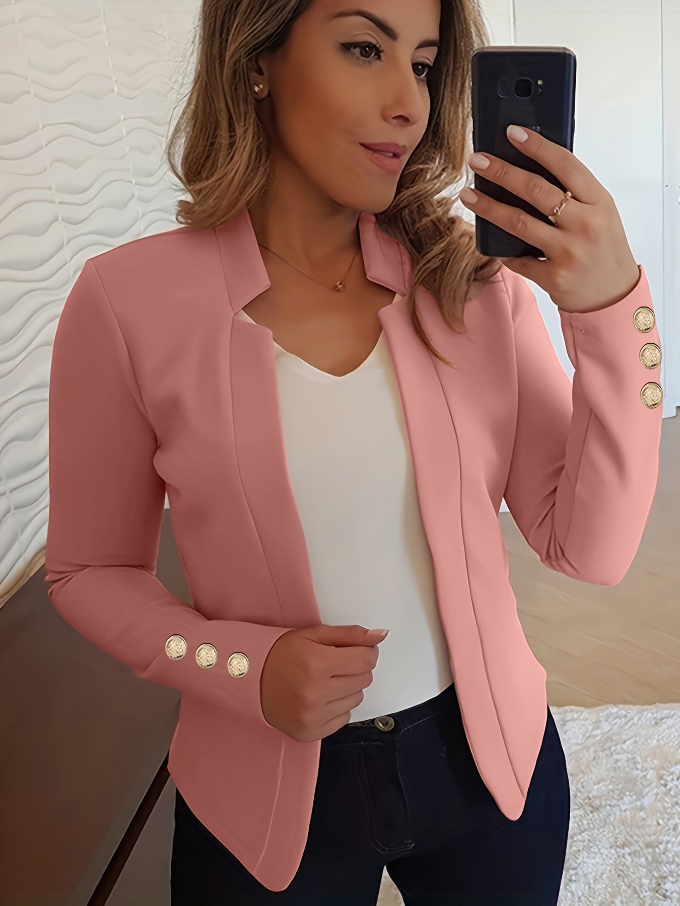 Solid Open Front Button Decor Blazer, Elegant Long Sleeve Blazer.
