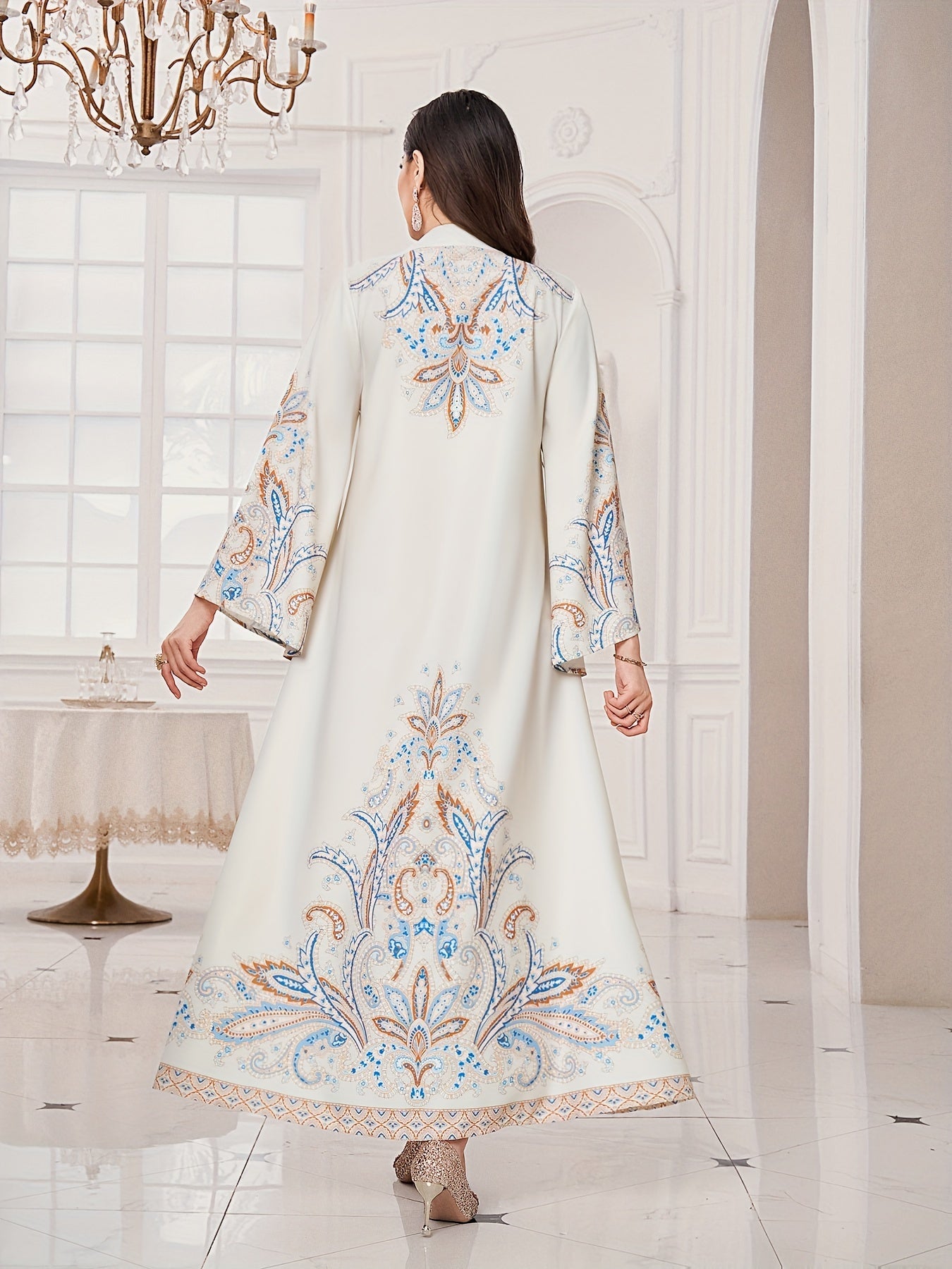 Floral Print Mock Neck Long Sleeve Kaftan Dress, /MH