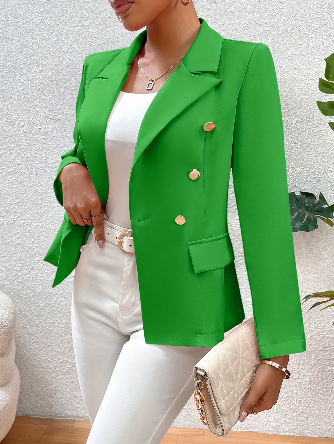 Solid Color Open Front Blazer, Elegant Lapel Neck Double Breasted.