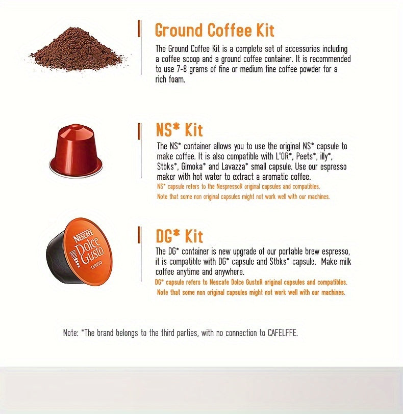 Cafelffe 3in 1 Portable Coffee Machine Manual Capsule Espresso Machine Non-heating, Non-electric, Suitable for Nespresso Capsules, Dolce Gusto Capsules and Grind Coffee, Suitable for Car, Travel, Office, Camping and Hiking, T