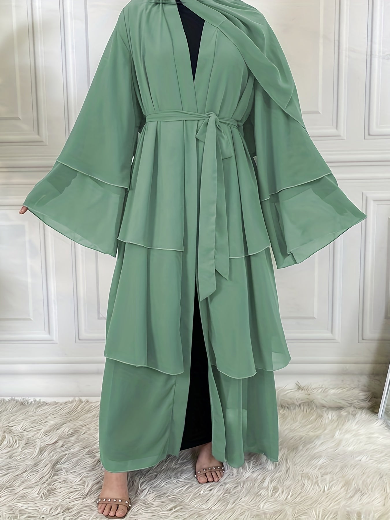 Layered Open Front Modest Dress, Long Sleeve Muslim Dress'/MH