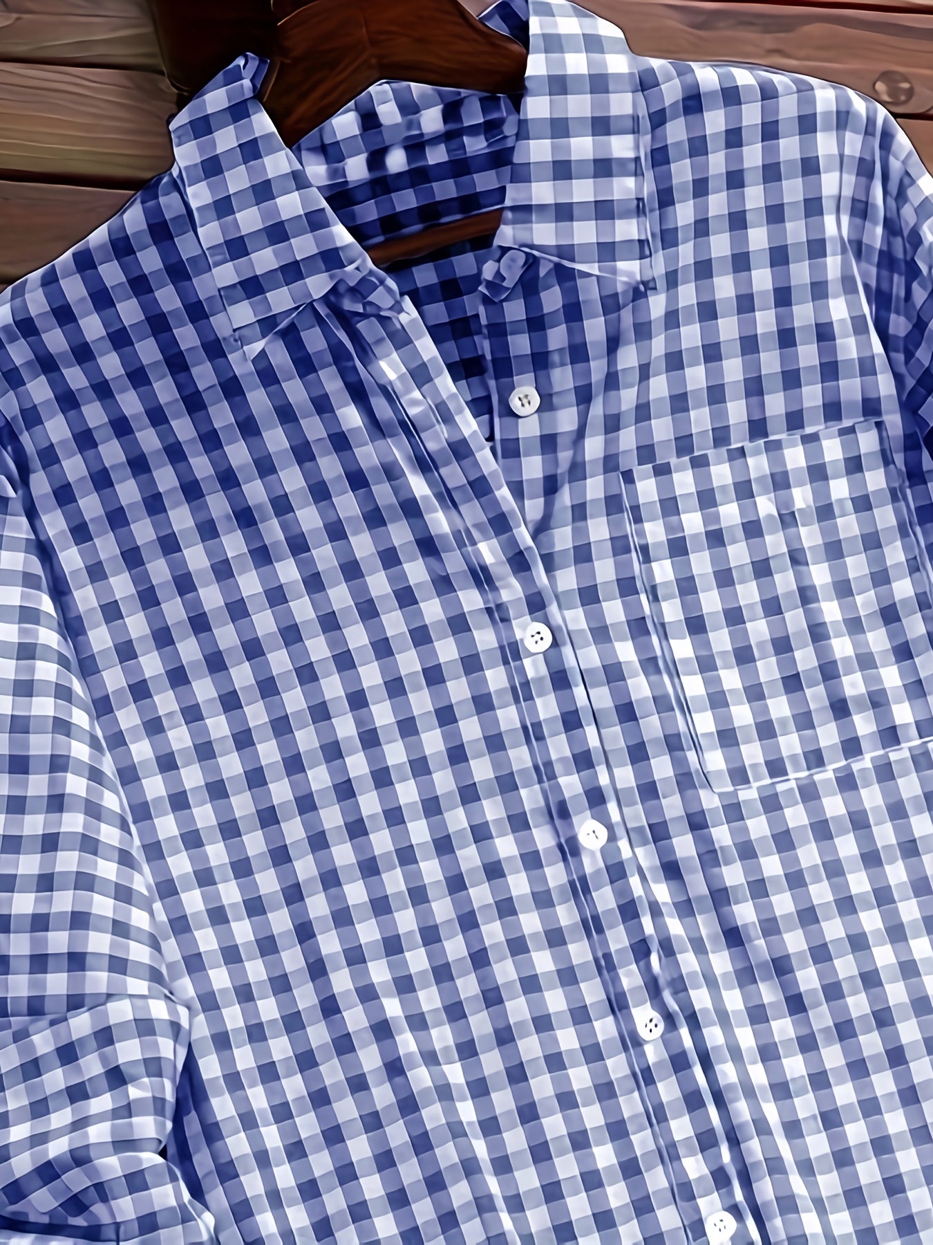Women'S Casual Long Sleeve Gingham Check Shirt - Light Blue & White,