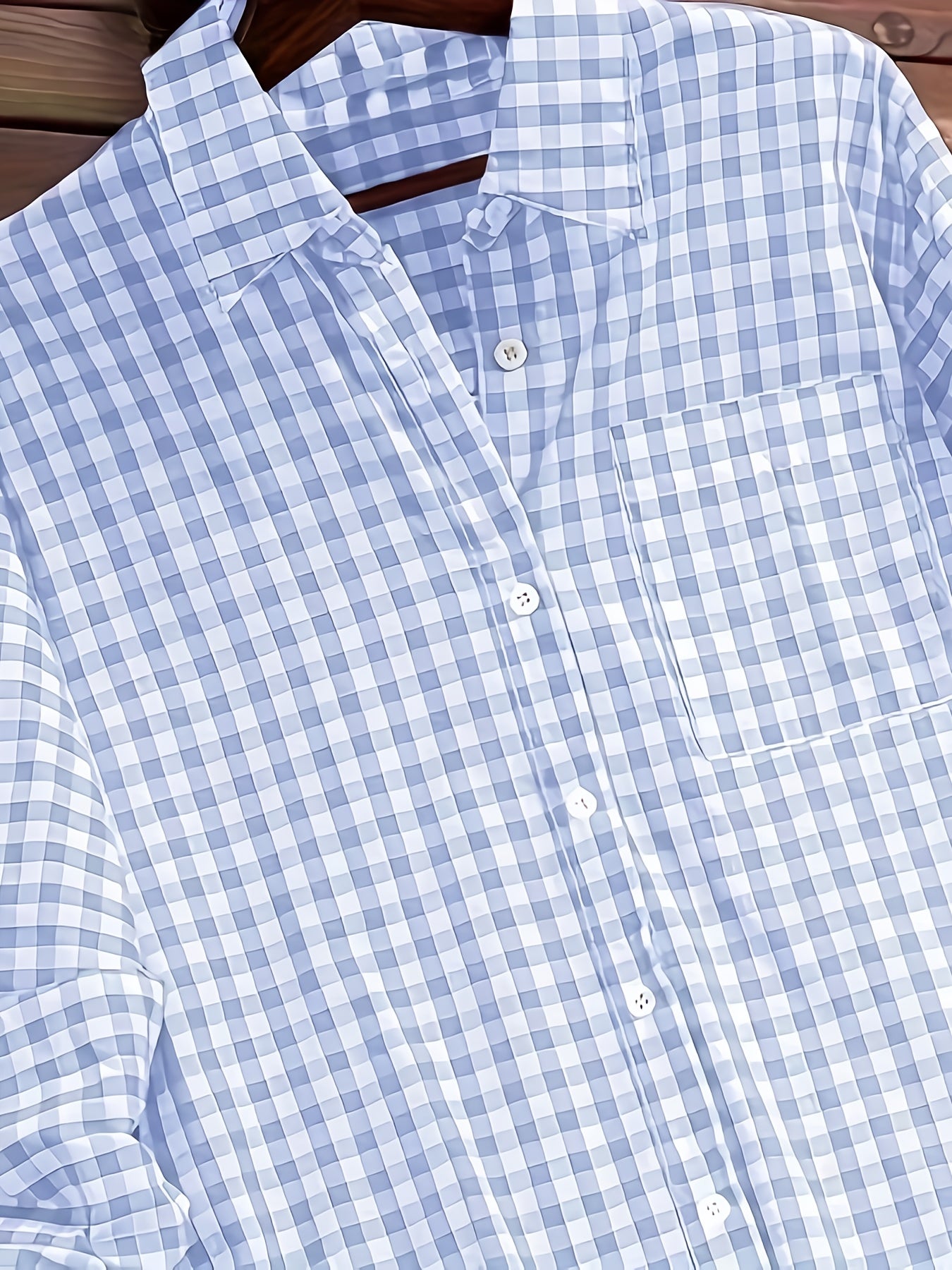 Women'S Casual Long Sleeve Gingham Check Shirt - Light Blue & White,