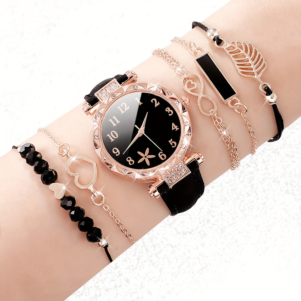 6pcs/set Elegant Flower Rhinestone Quartz Watch Analog PU Leather Wrist Watch & Bracelets, Valentine's Day Ramadan Gifts For Women Her