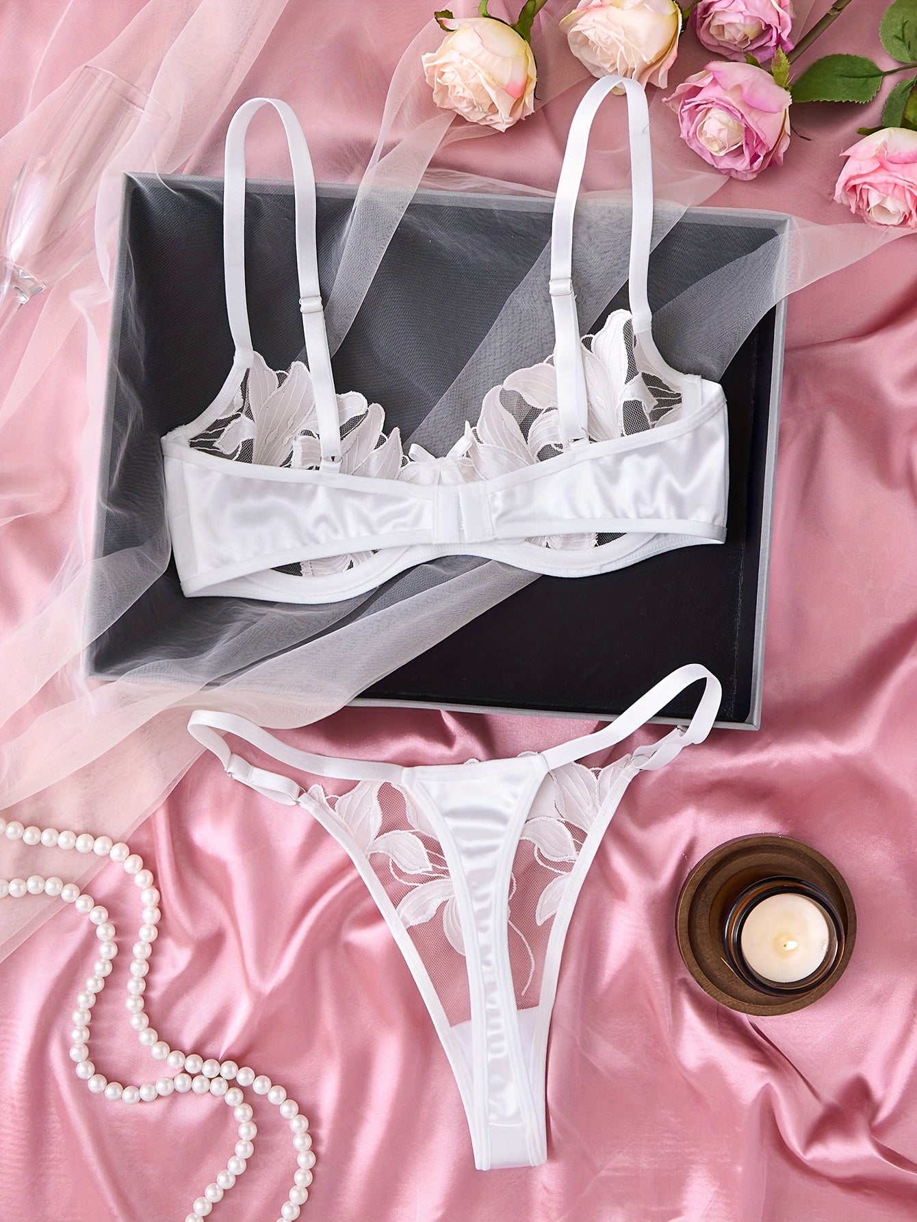 Elegant Lingerie Set, Floral Embroidery Semi Sheer Cami Bra & Panties,/MH