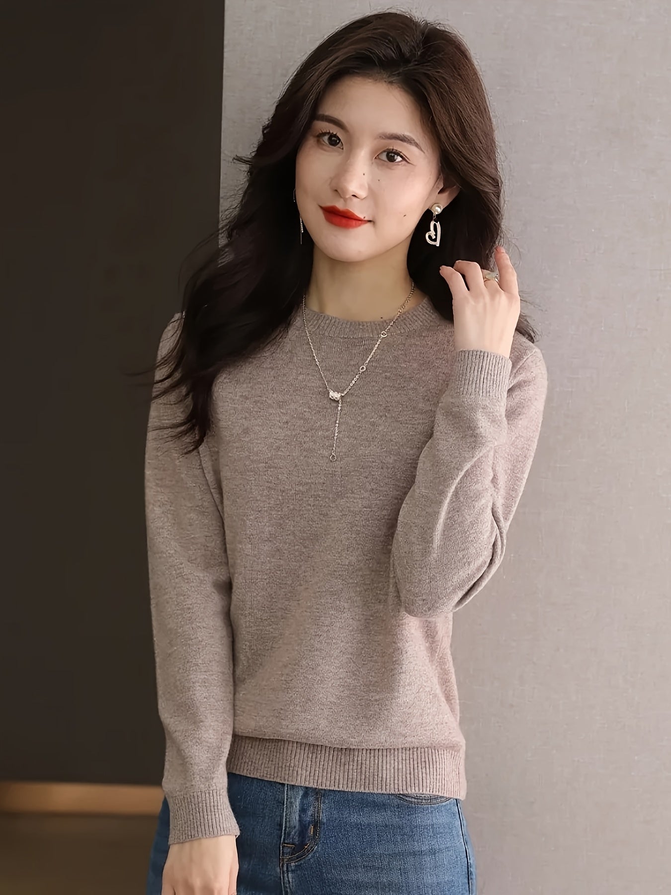 1pc Women'S 100% Wool Crew Neck Long Sleeve Knit Sweater,