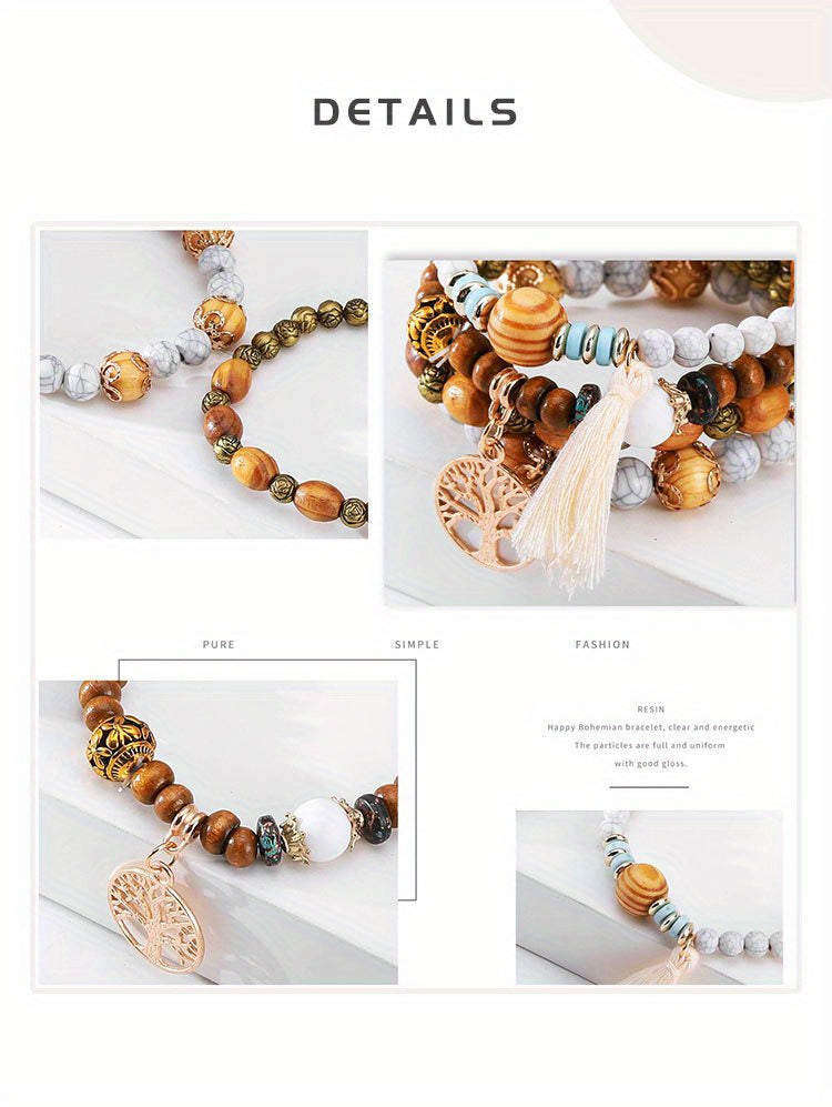 4pcs/set Tree Of Life Pendant Multilayer Beaded Bracelet Round Bead Wooden Bead Bracelet Bohemian Ethnic Jewelry Accessories Handmade -A Stylish Accessory, Father's Day Gift