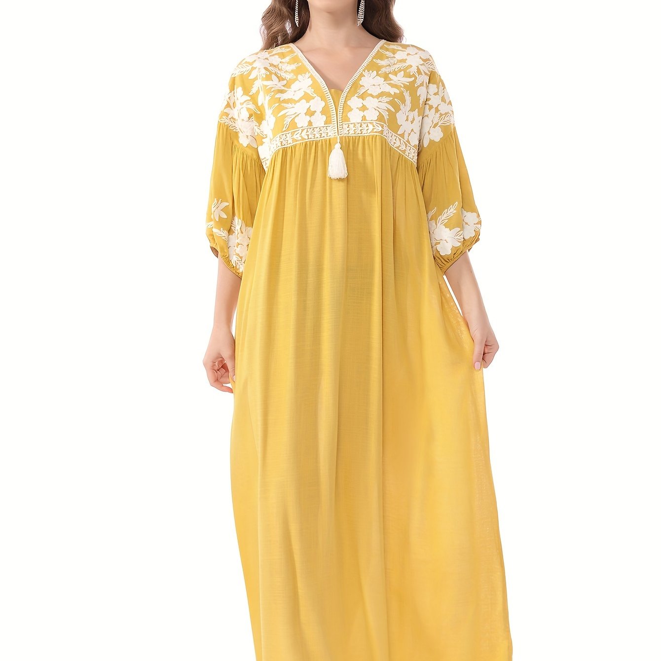 Themed Green Dress with White Floral Embroidery - ./MH