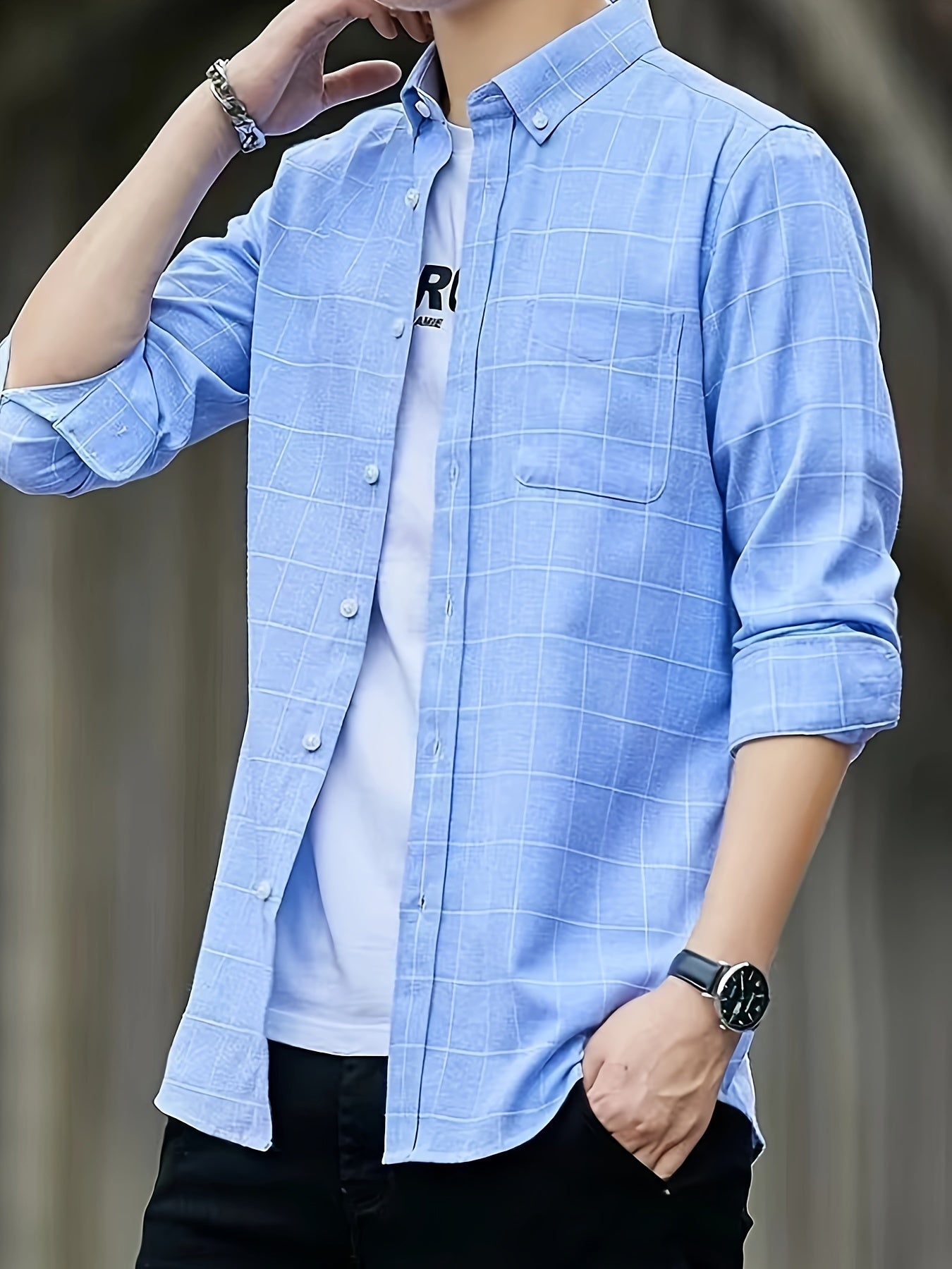 Men's Plaid Lapel Collar Dress Shirts, Long Sleeve Casual Button.